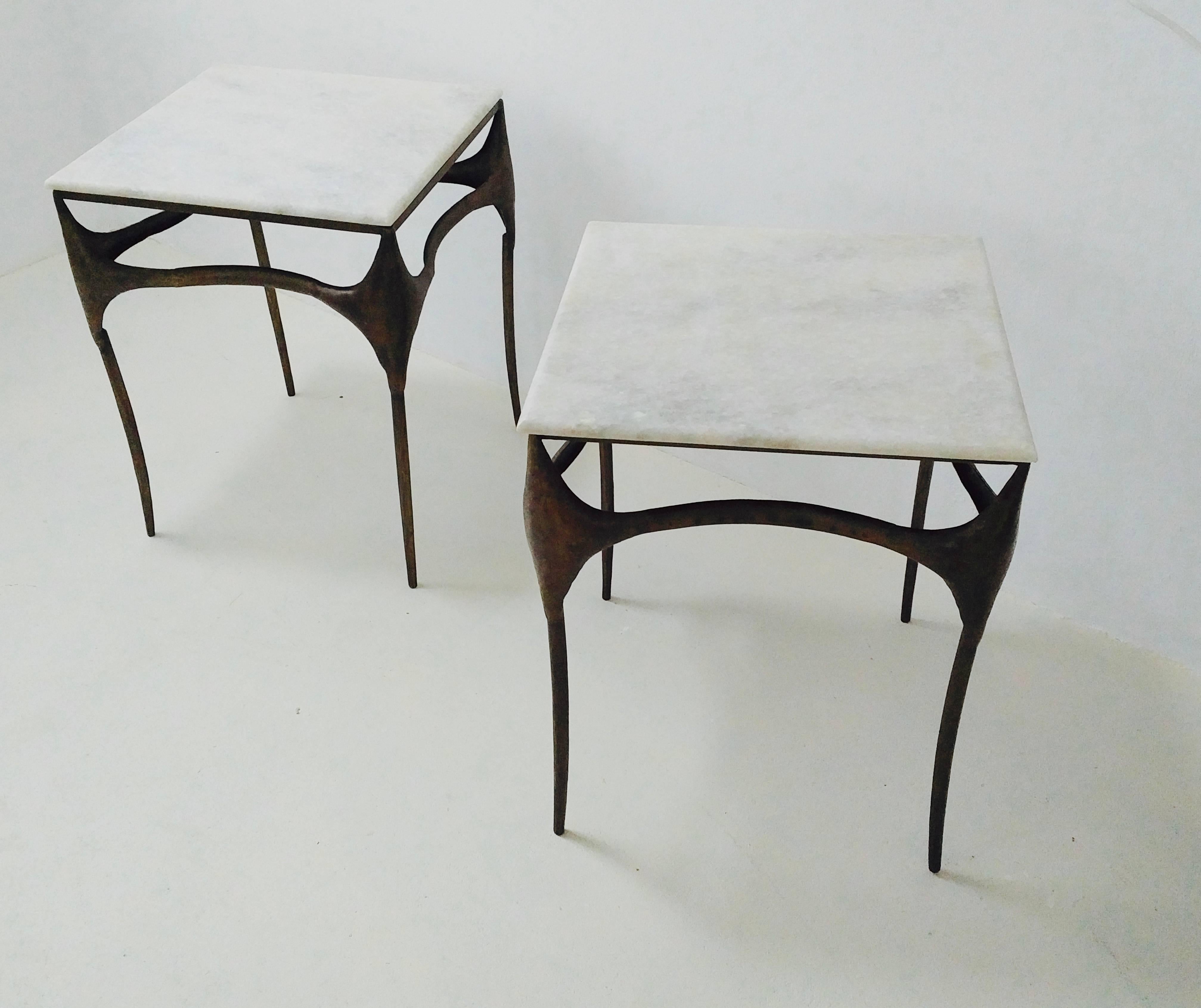 Pair of Organic Bronzed and Marble Side Tables For Sale 1