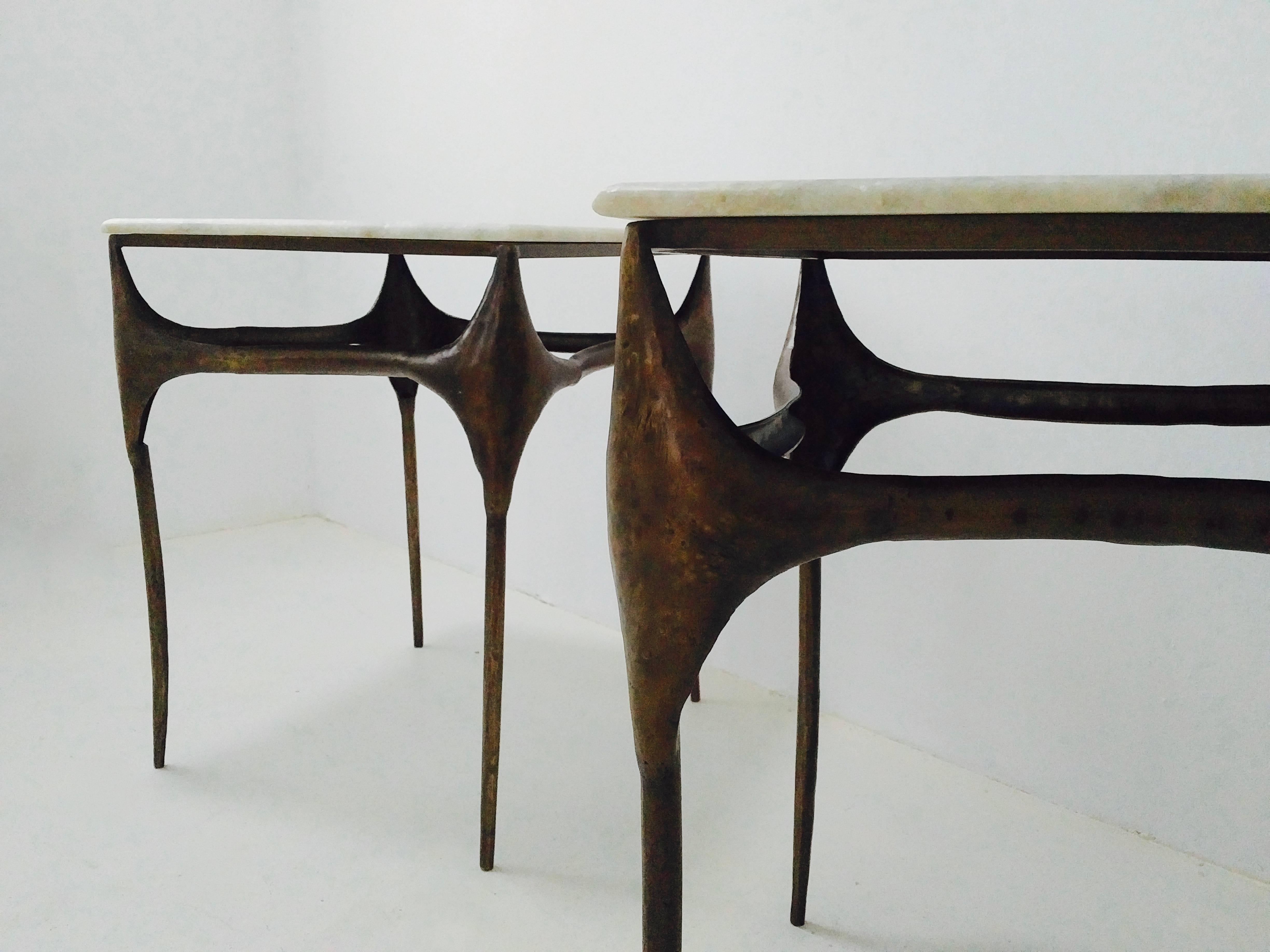 Pair of Organic Bronzed and Marble Side Tables For Sale 2
