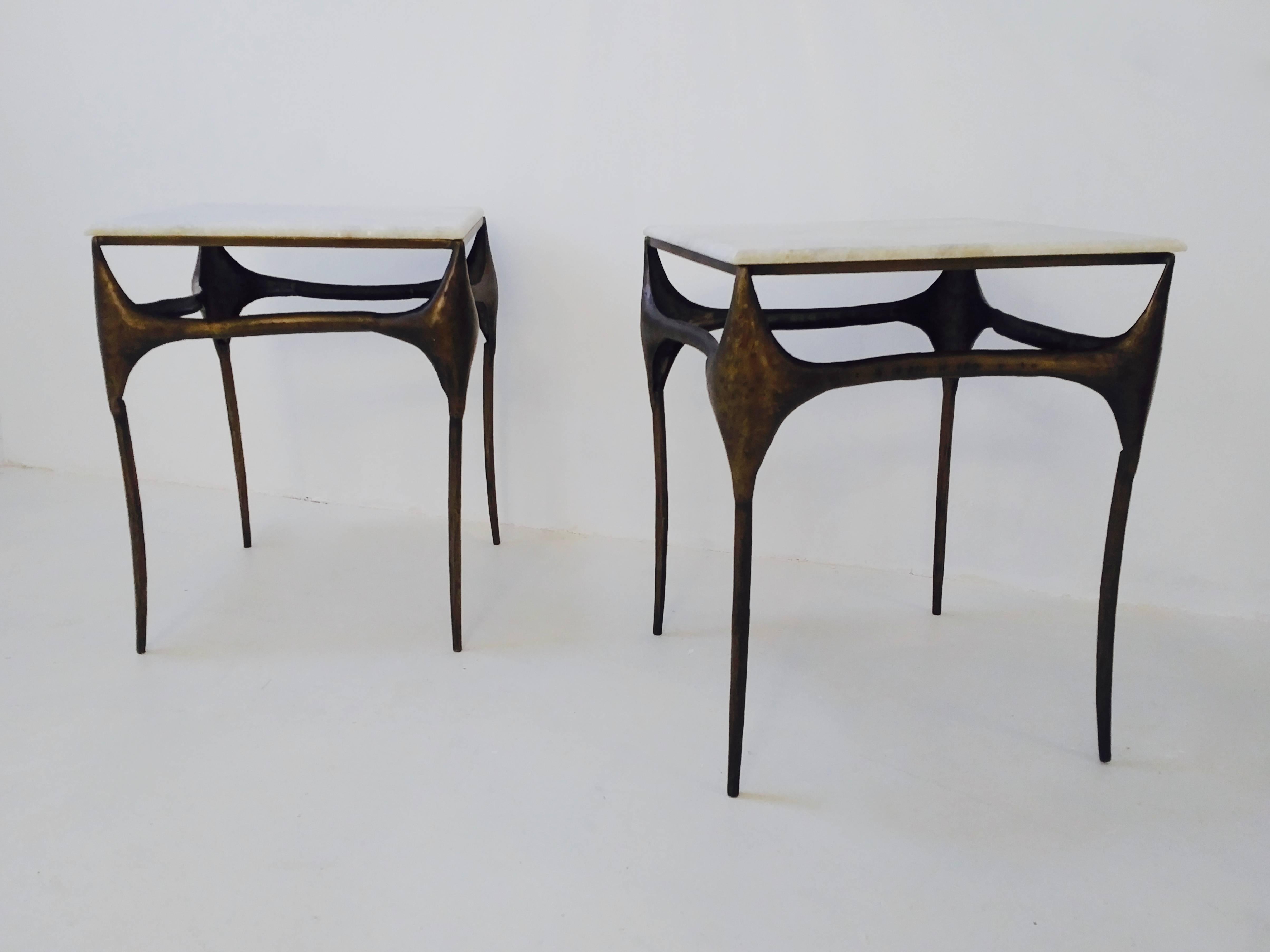 Pair of Organic Bronzed and Marble Side Tables For Sale 3