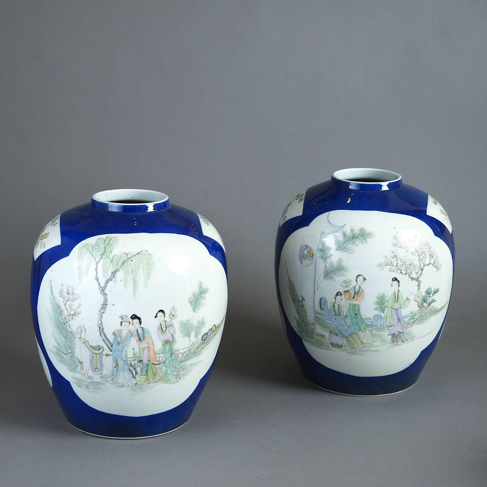 Chinese Export Pair of Blue Ground Famille Rose 19th Century Porcelain Jar Vases