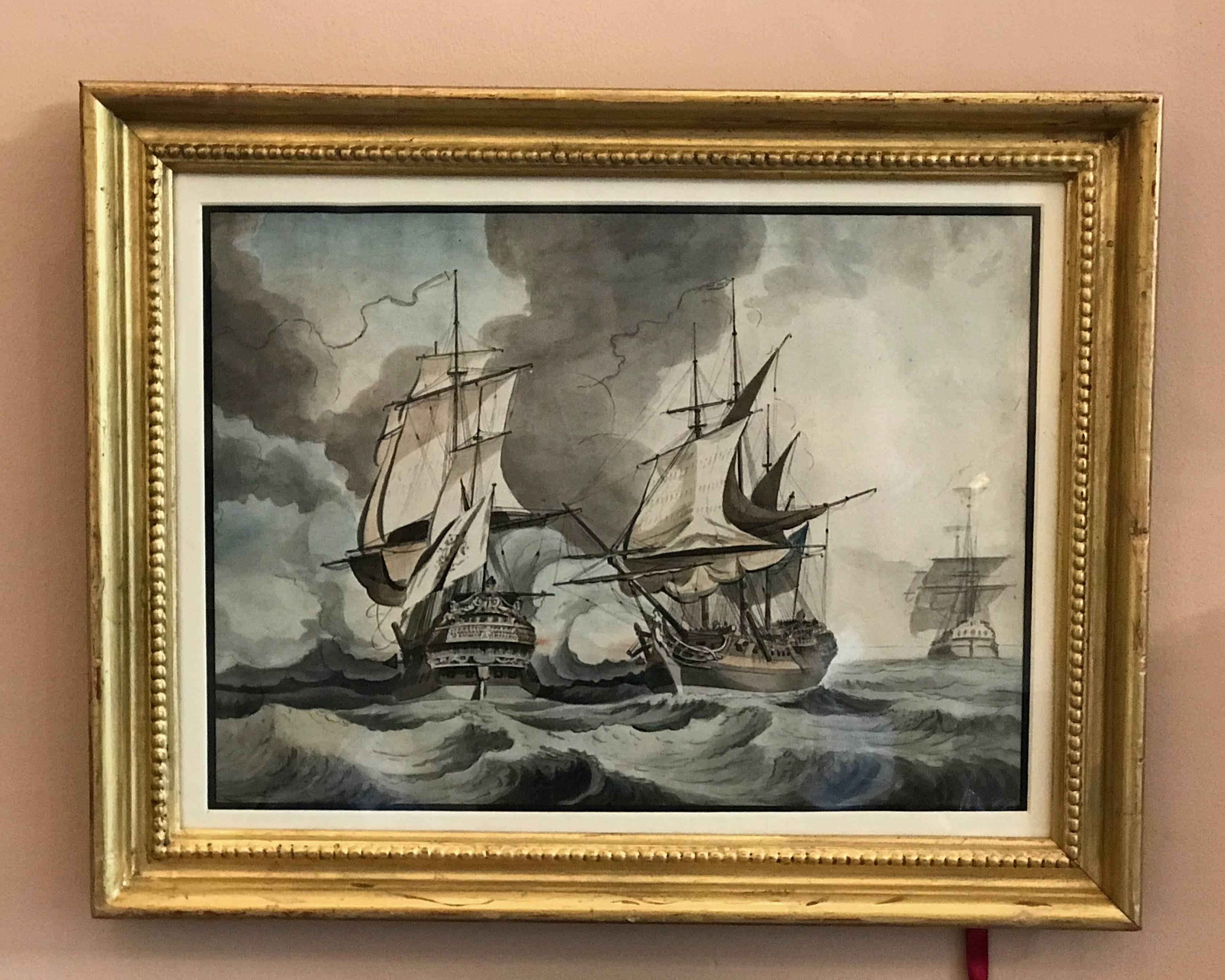 Hand-Painted 18th Century Marine Watercolor Painting