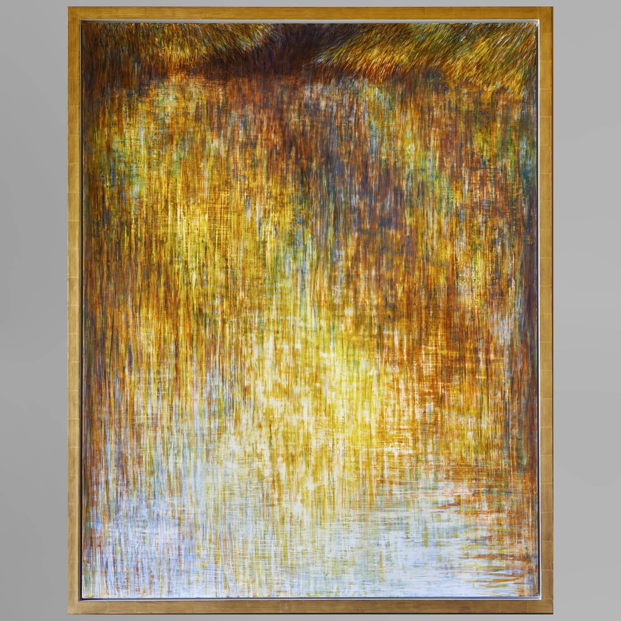 Rupert Muldoon. 

Egg tempera on gesso panel in gilt frame.  

Trees with yellow and golden autumnal leaves reflected in the water.

Rupert Muldoon: 
