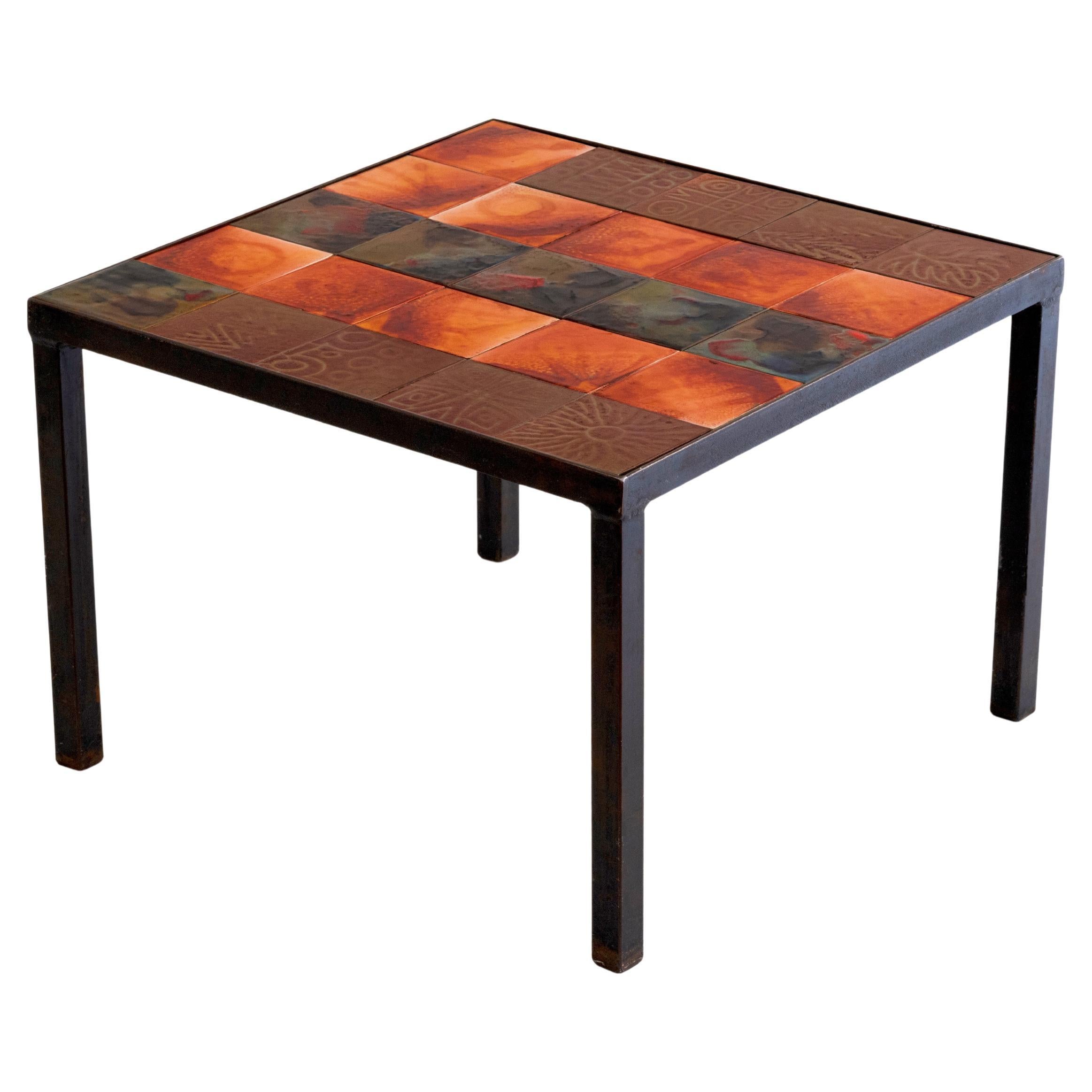 20th Century French Design, Accolay Coffee Table with Coloured Ceramic Tiles For Sale