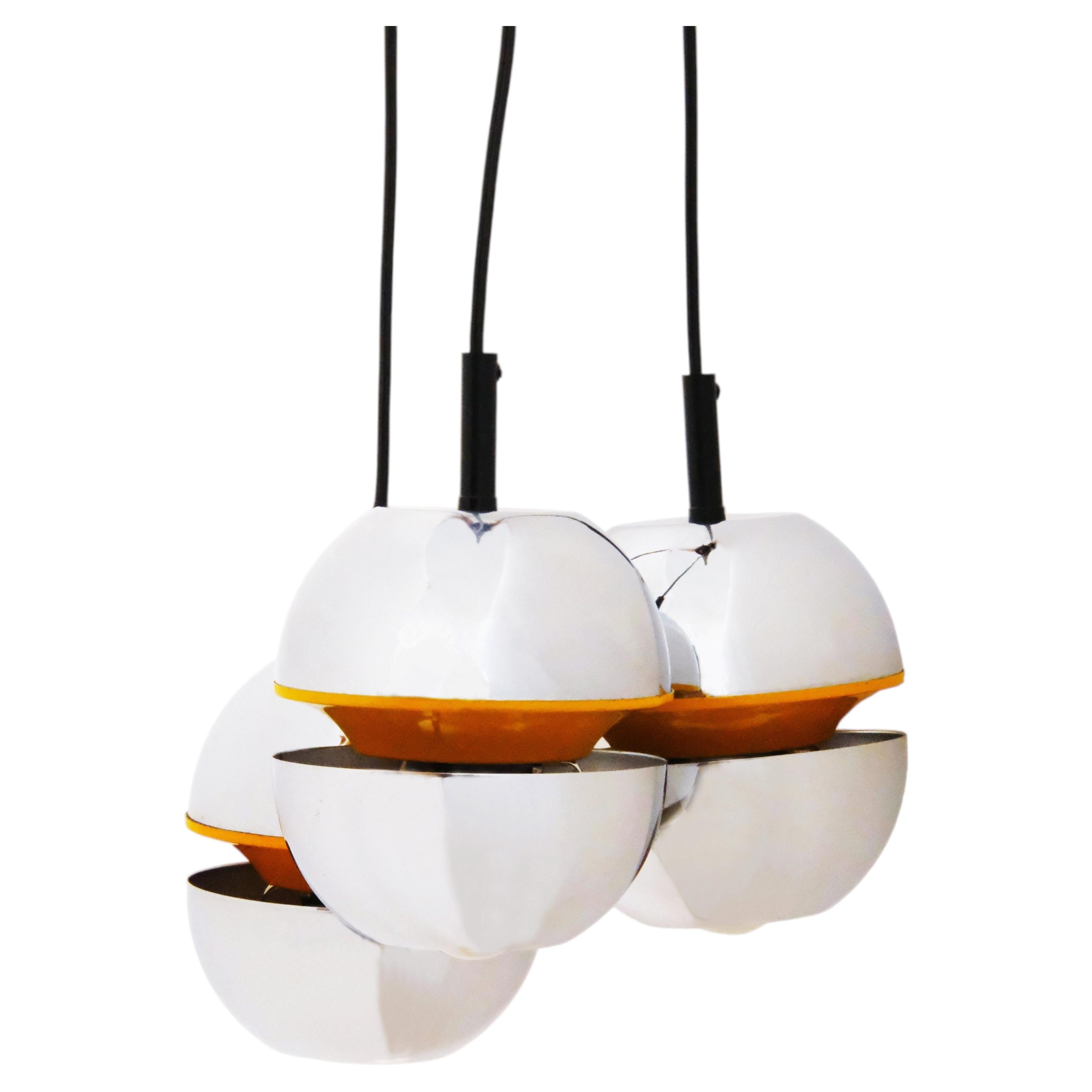 Vintage 20th C. Space-Age Orange & Chrome Three-Light Chandelier, Round Pendant For Sale