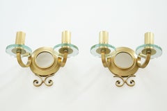Pair of French Gilt-Bronze and Glass Sconces with Central Mirrors, circa 1940