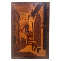 Vintage Beown Wood Marquetry Wall Art, Handcrafted Wooden Inlay Painting, Signed