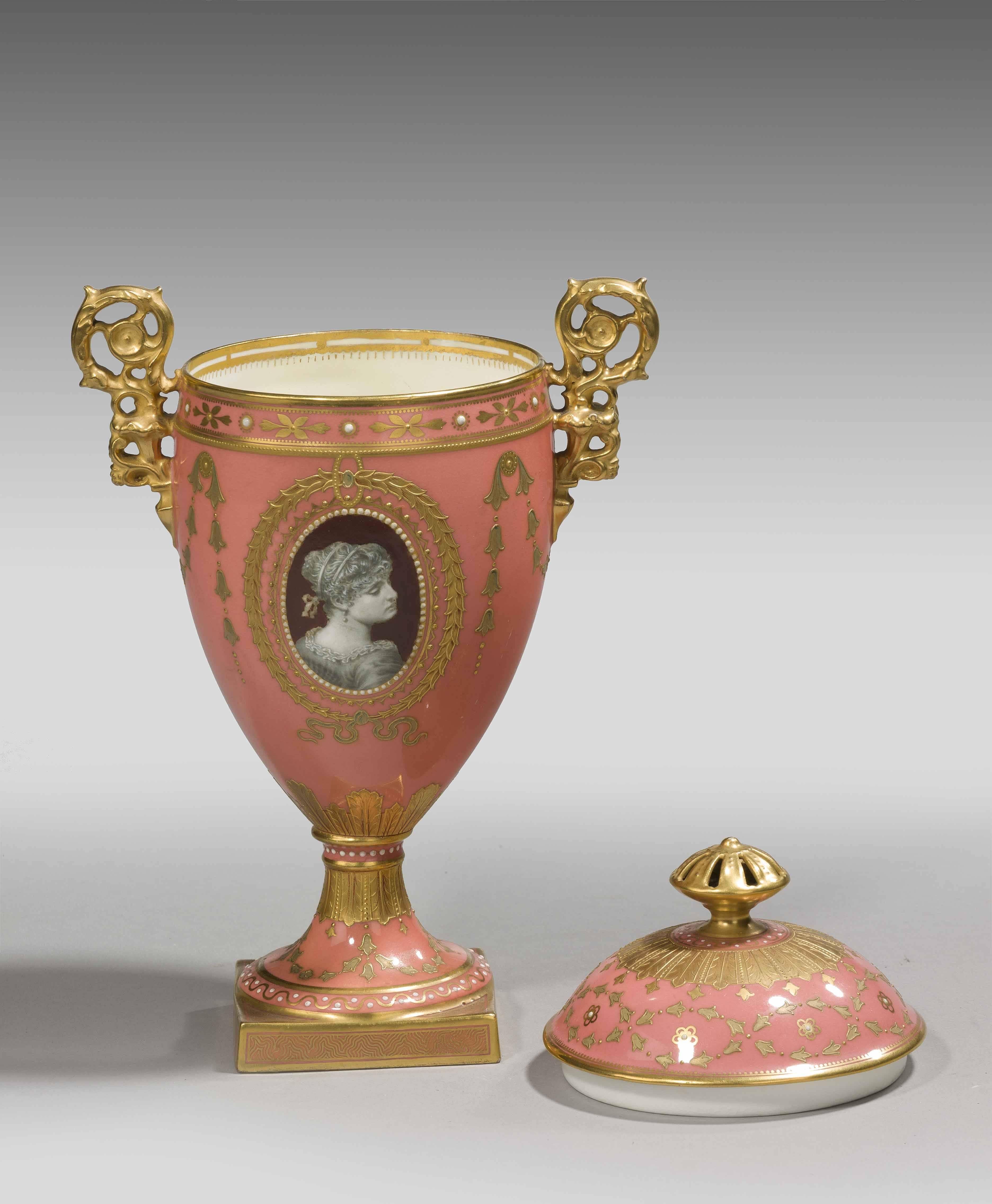 A fine 19th century Derby lidded vase, jewelled with reserve panels of young maidens, the vase is unrubbed and overall in very good condition.

The production of Derby porcelain dates from the first half of the 18th century, although the