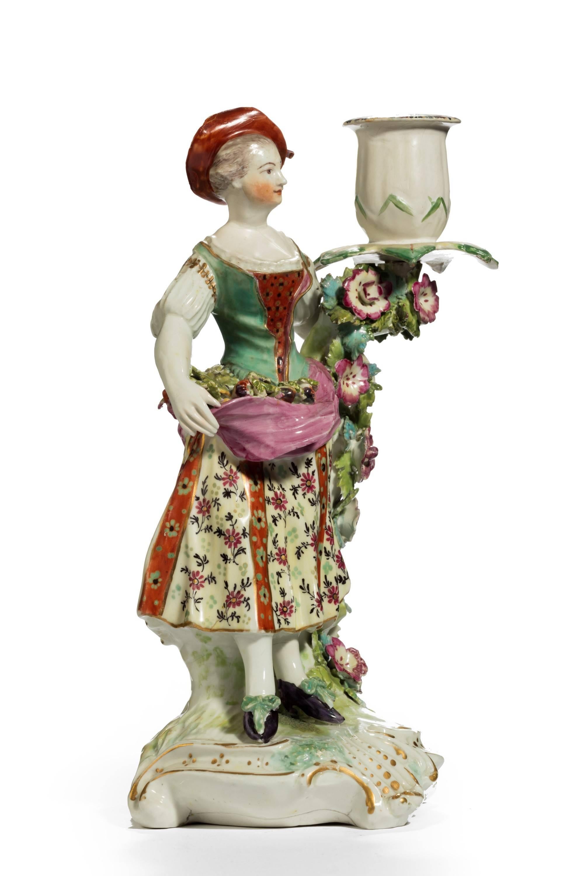 English Late 19th Century Porcelain Candlestick Figure of a Young Lady
