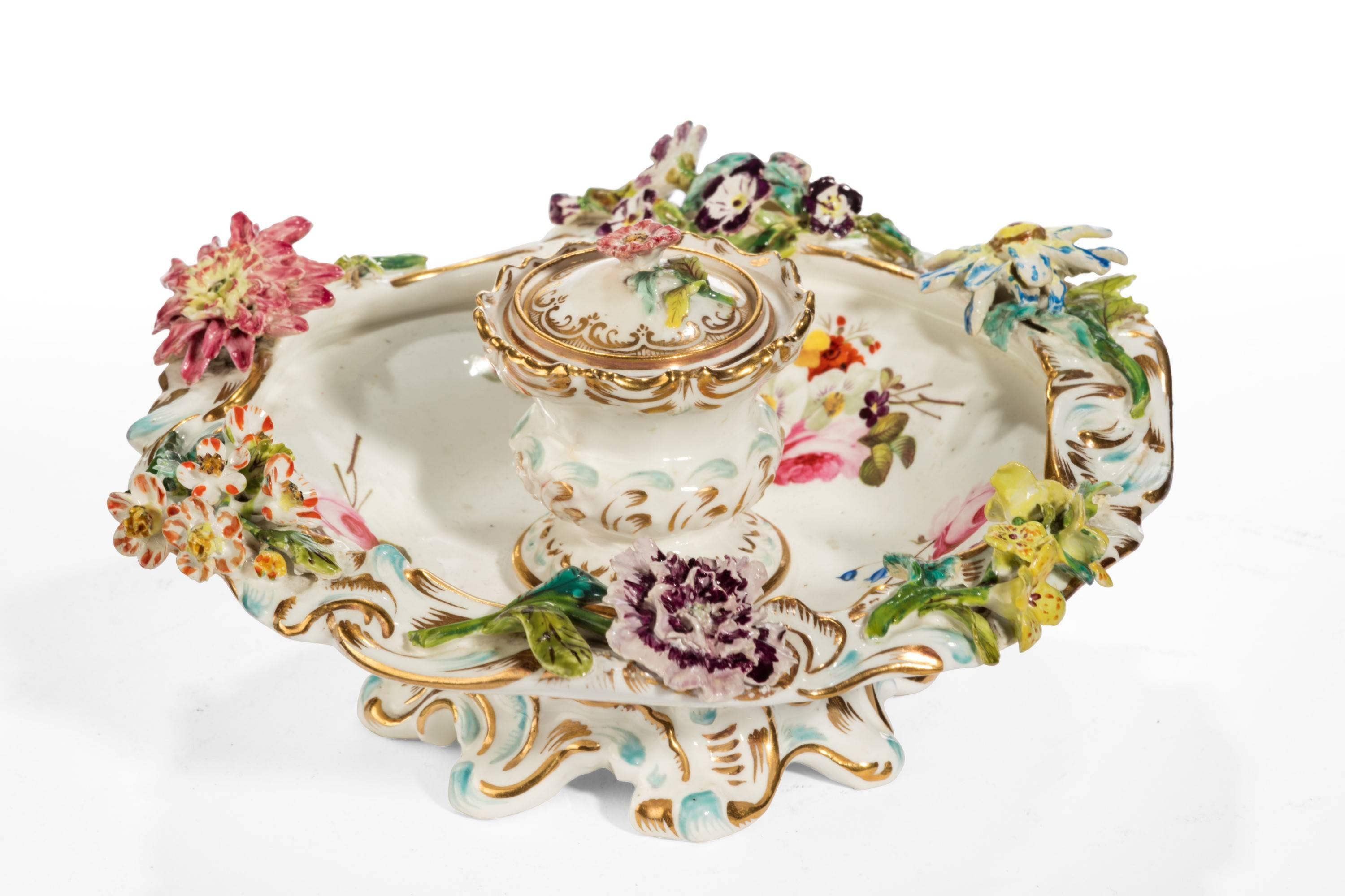 English Mid-19th Century Porcelain Flower Encrusted Inkwell