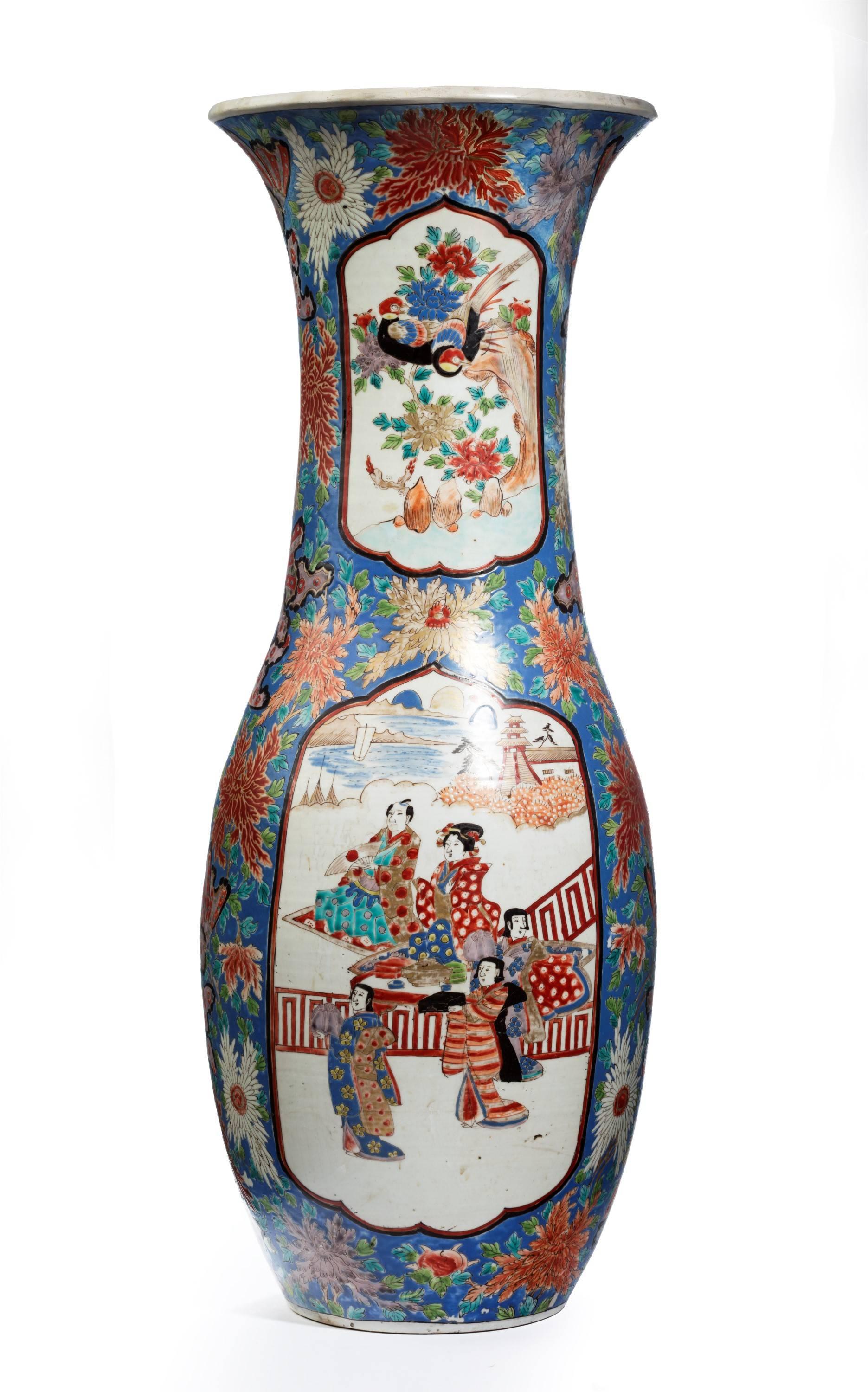 A massive 19th century oriental waisted vase with five character marks to the base. The top three inches professionally restored but many years ago and very difficult to discern.
