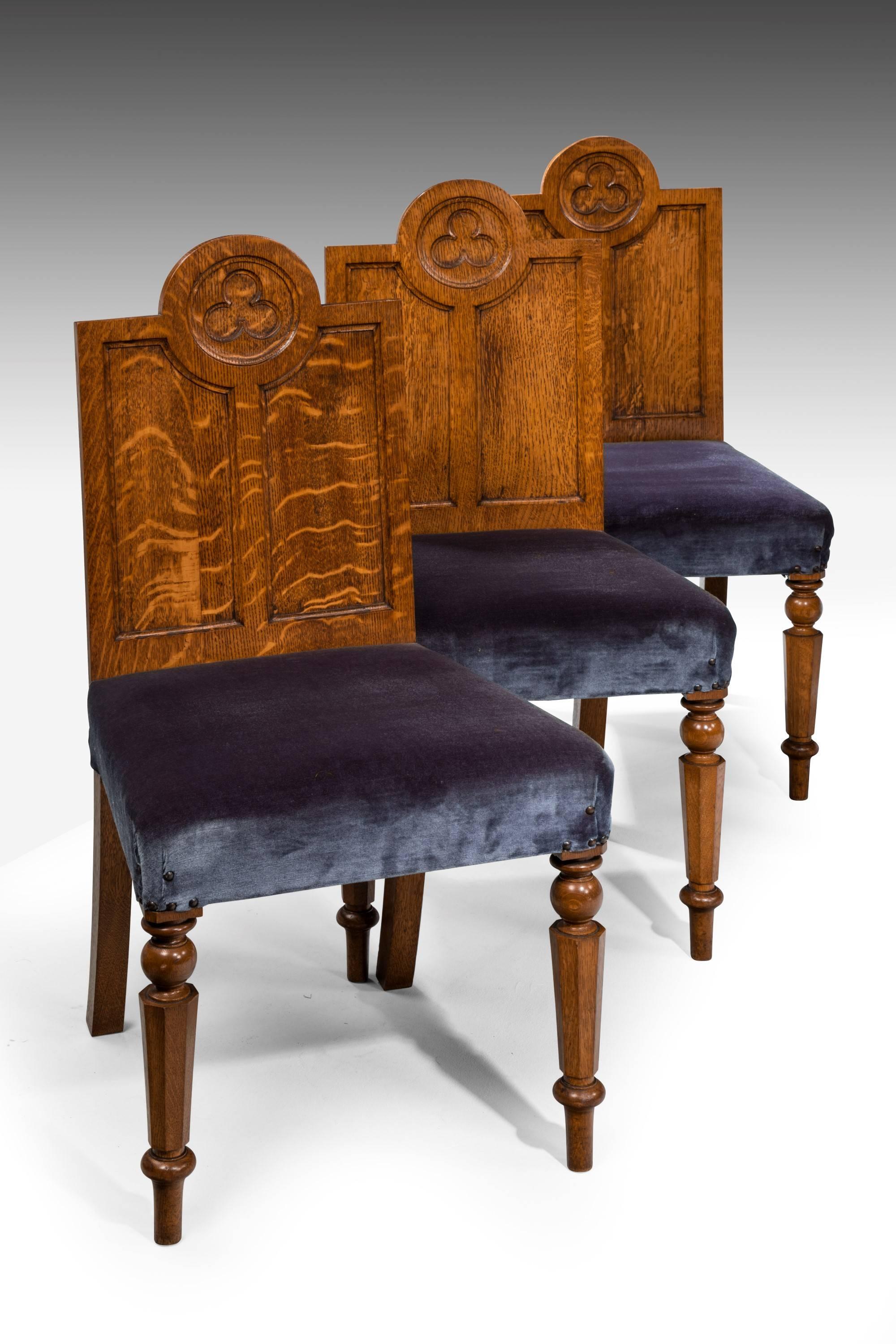 A most unusual set of eight (six plus two) oak dining chairs. Showing strong interpretation of Puginist design.

Armchair dimensions (inches)

Height 41.
Width 21.50.
Depth 20.

Augustus Welby Northmore Pugin (1 March 1812 – 14 September