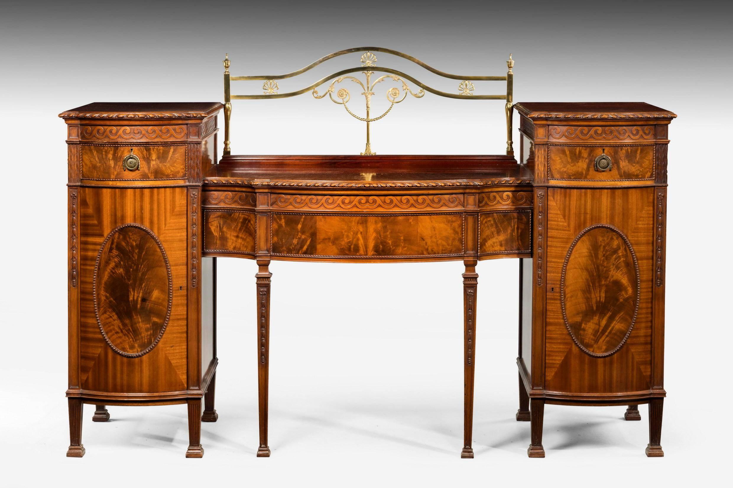 A very good quality Adam style mahogany sideboard. Brass gallery and a drop centre and bode corners. Stamped Hobbs & Company London.

Alfred Charles Hobbs was born on October 7th, 1812 in Boston. When Alfred was only three years old his farther
