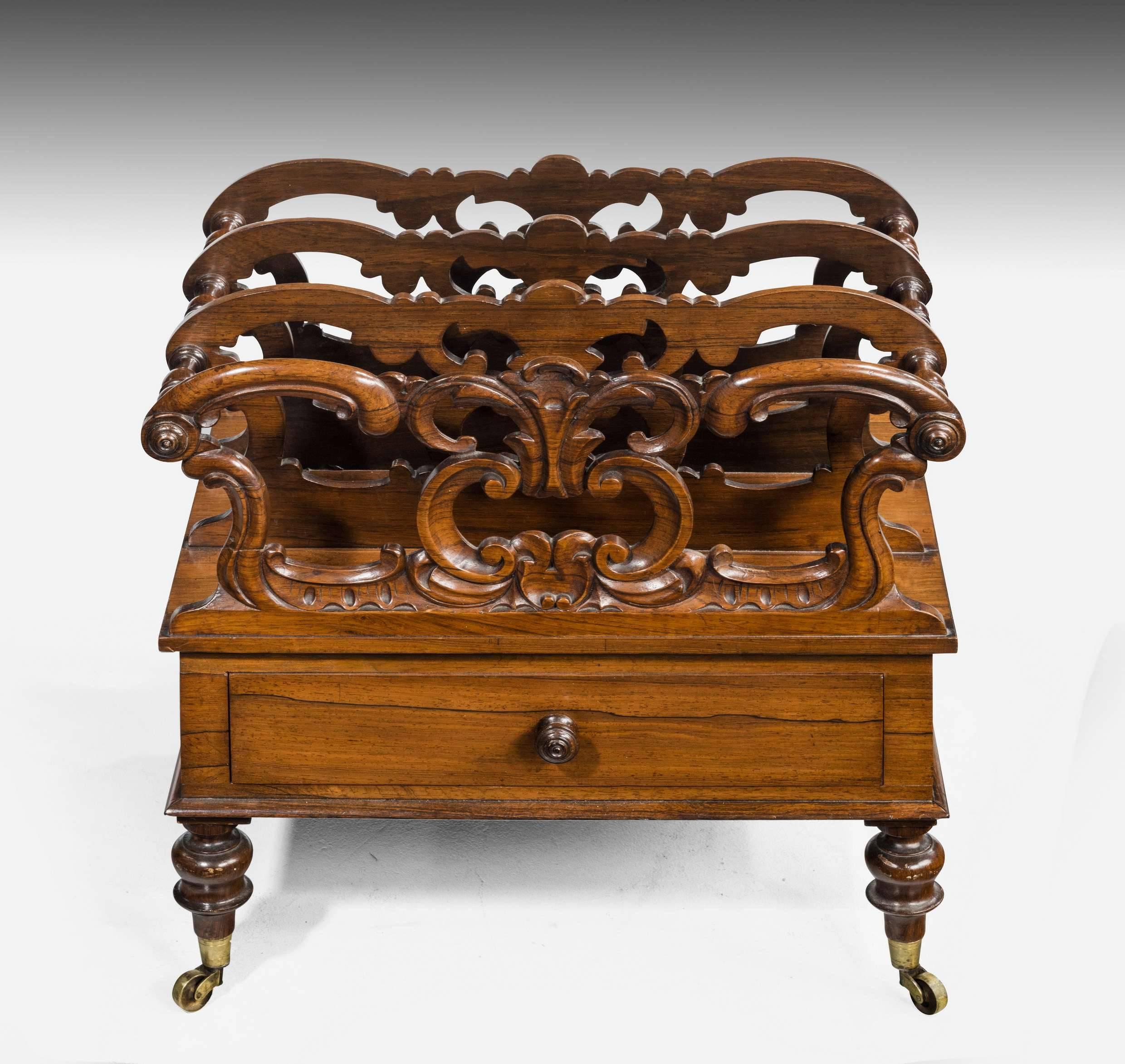 Very good quality and shapely late Regency period rosewood Canterbury. The frieze incorporating a single drawer on well turned supports. Retaining the original shoes and castors.