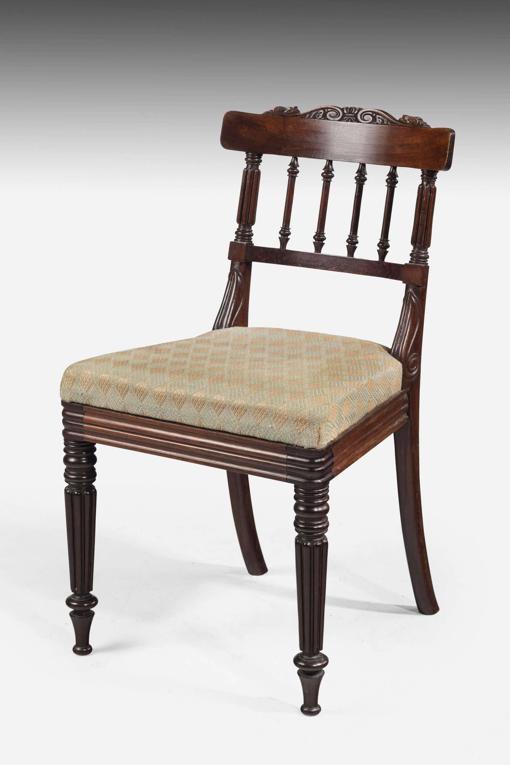 A fine set of six Regency period single chairs. With very well carved sections to the back and uprights. Almost certainly by Gillows of Lancaster.