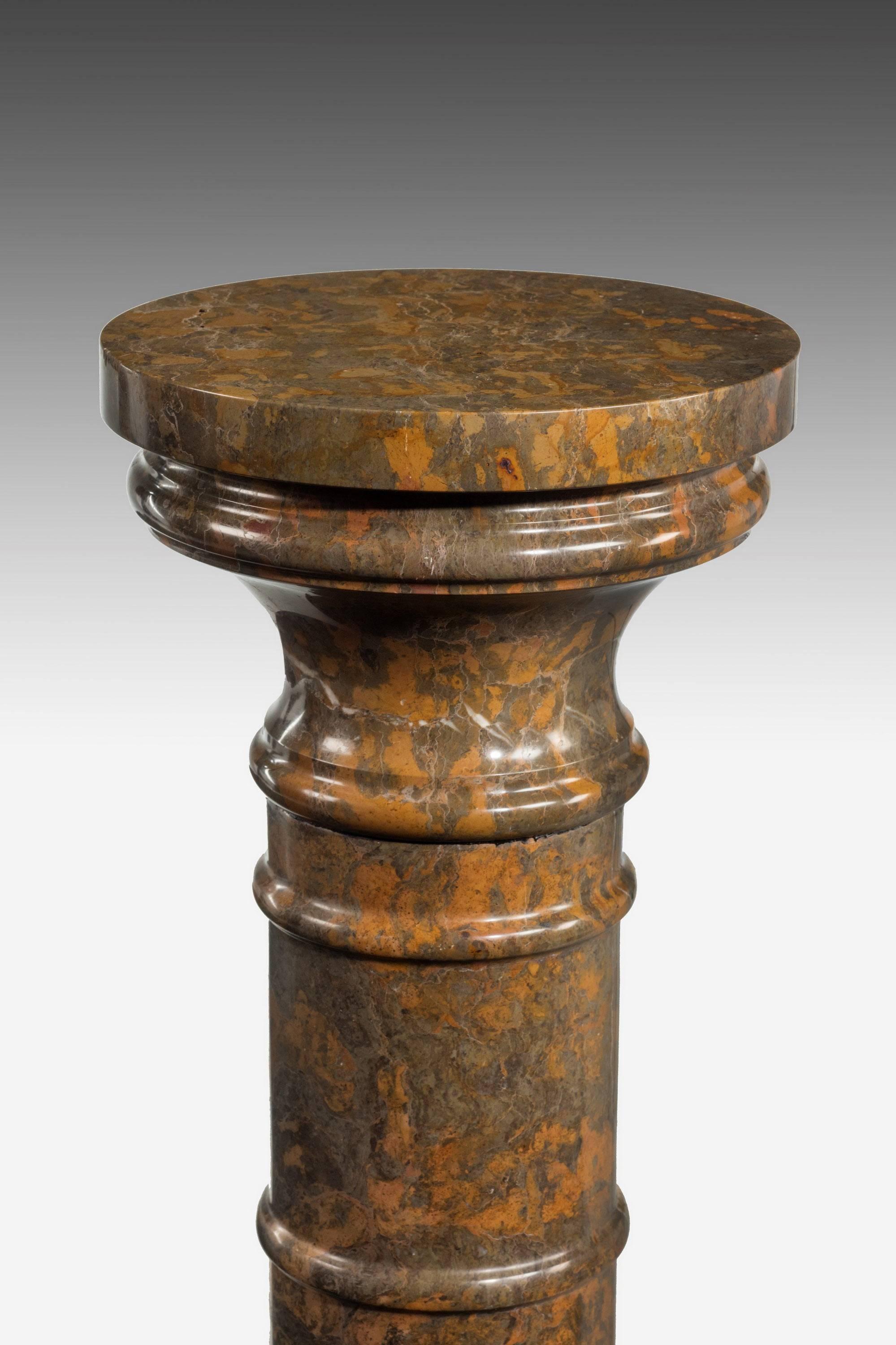 A beautifully figured late 19th century Italian marble pedestal with ring turned decoration to the centre. Excellent overall condition and good patina.