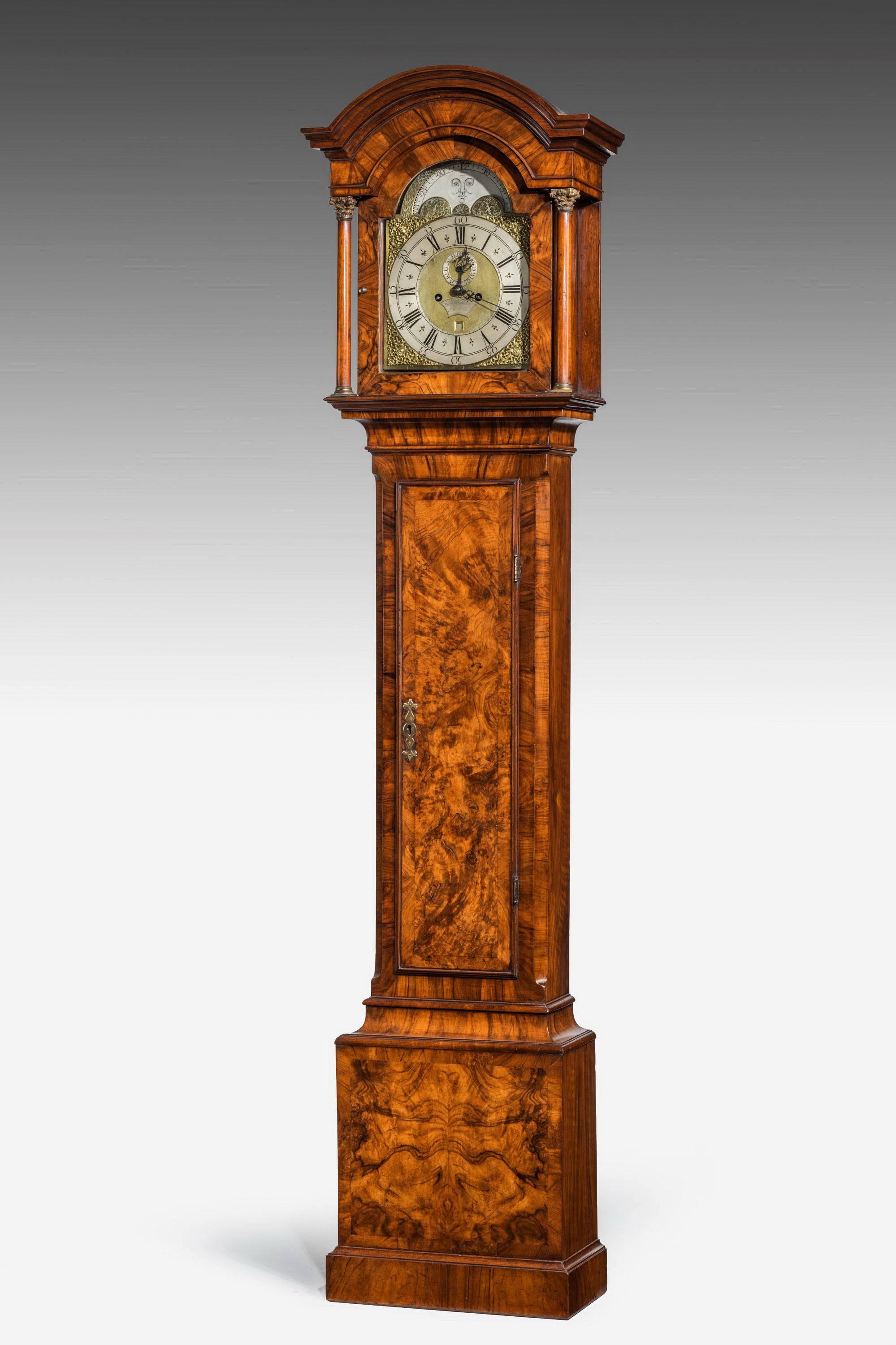 A good mid-George III period walnut eight-day longcase clock by George Chambers of Newcastle. Silver and gilt bronze face, subsidiary dials including a moon and date to the top. Finely cross banded in contrasting timbers. Excellent overall