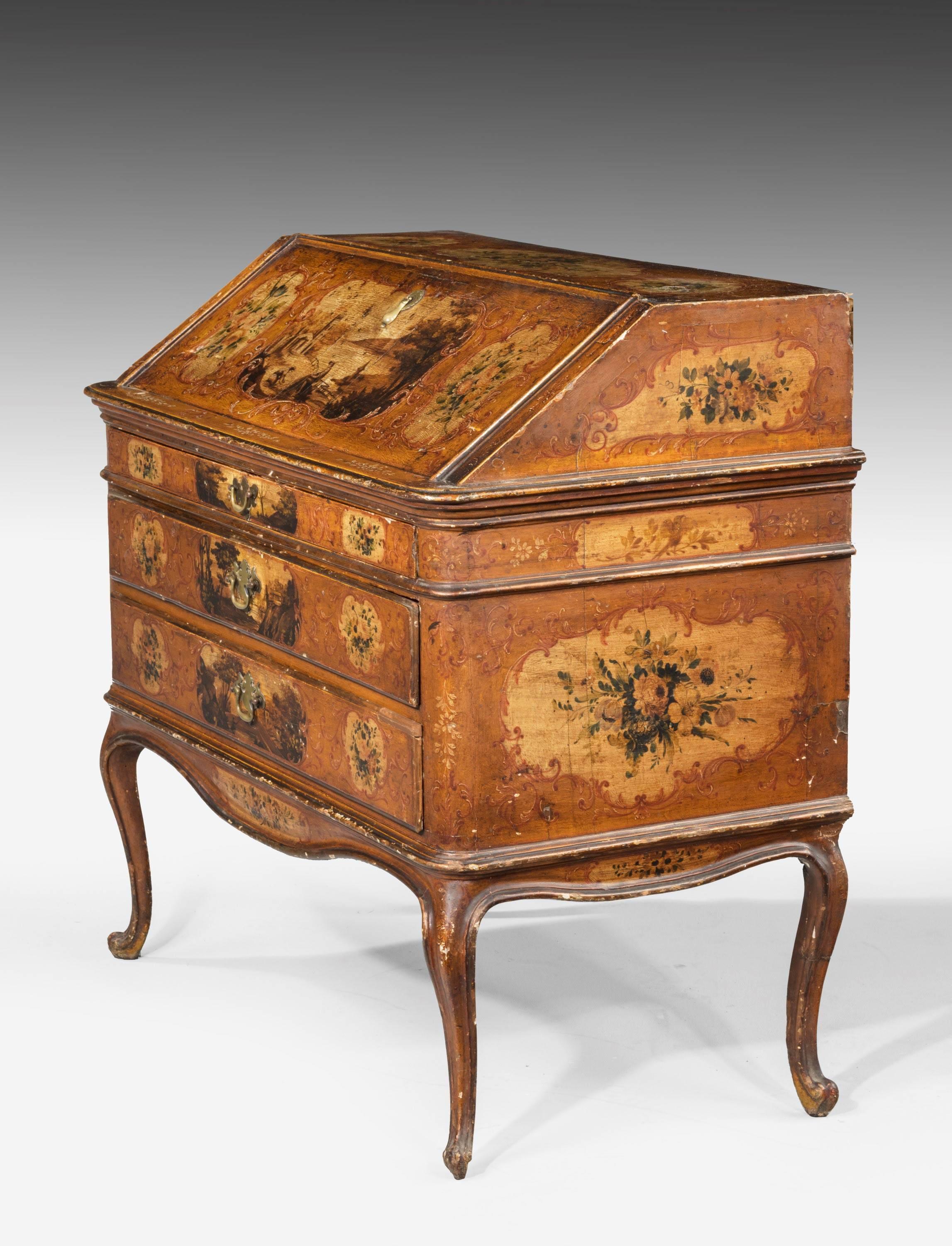 A good mid-18th century Venetian lacquered and gilded bureau in very good overall condition. Showing age patination but beautifully tired with muted soft colours.