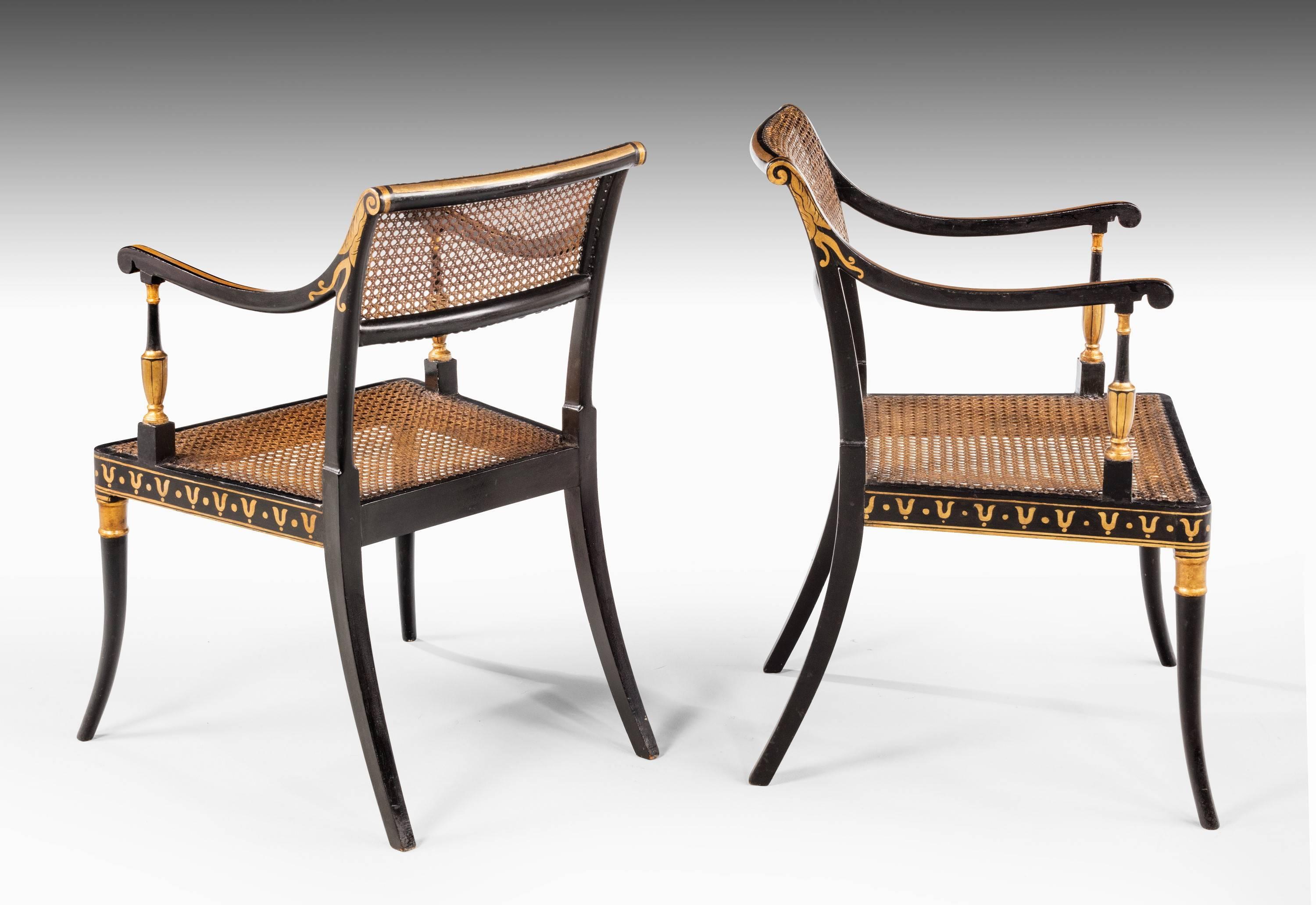 Set of Four Regency Period Lacquered and Parcel Gilt Elbow Chairs In Excellent Condition In Peterborough, Northamptonshire