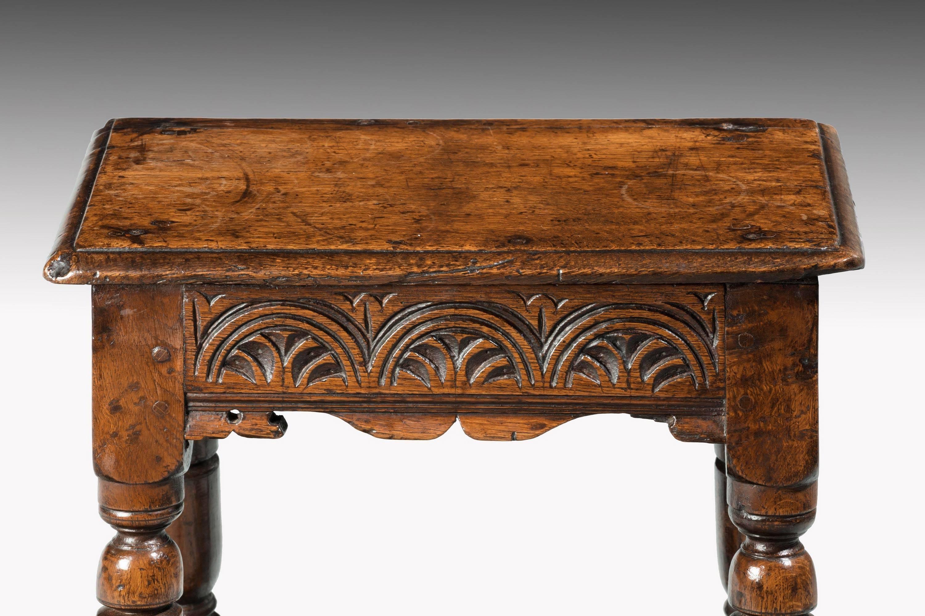An early 18th century oak joint stool of considerable construction, with carved arcaded top. The cross stretchers on the base replaced many, many years ago. Good overall colour and patina

N

Joint stools are the seating options that come