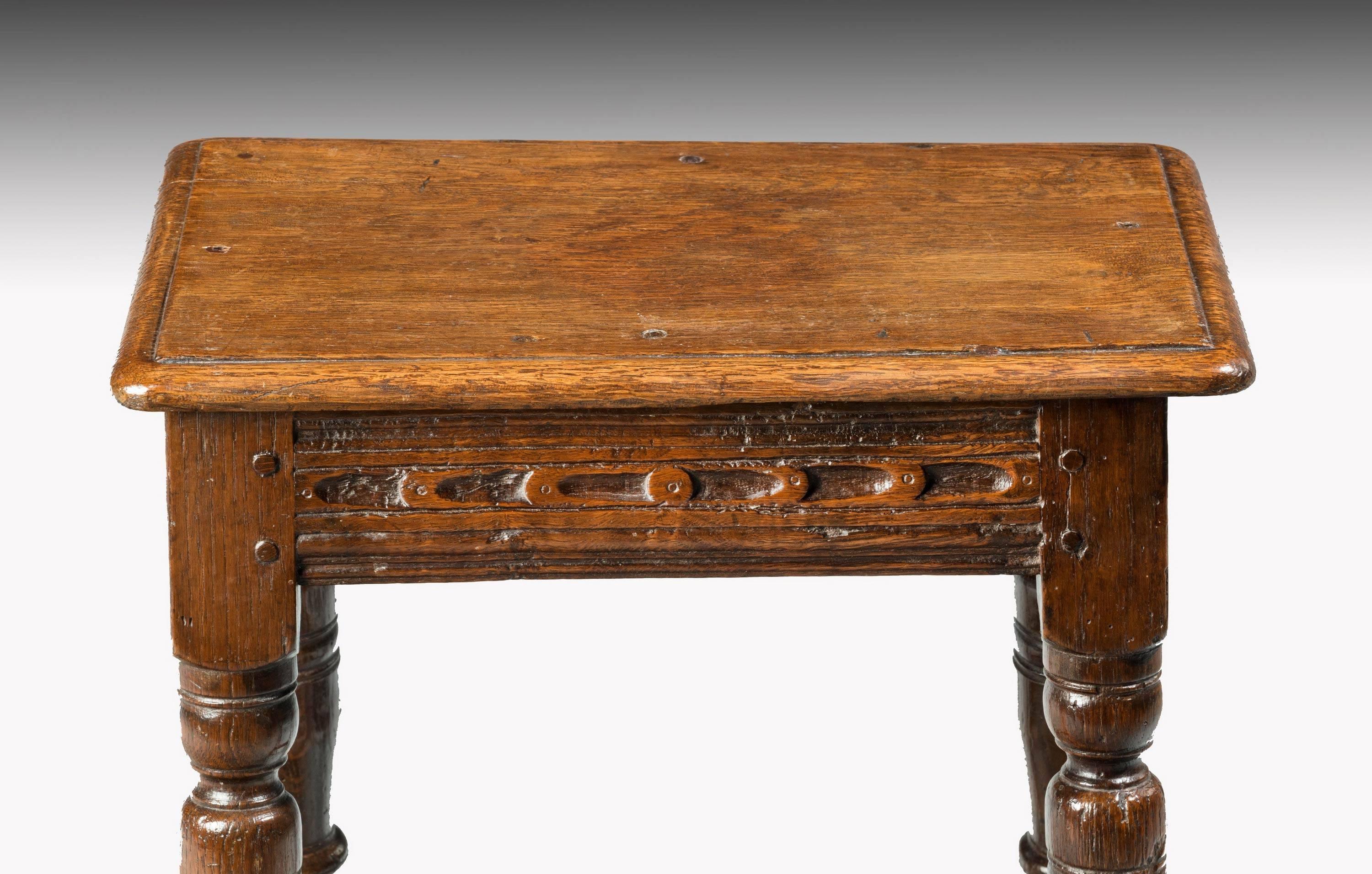 A good late 17th century / early 18th century oak joint stool. With incised carving to the top borders. Turned supports showing considerable wear. Wonderful colour.

N

Joint stools are the seating options that come without arms or the backrest and