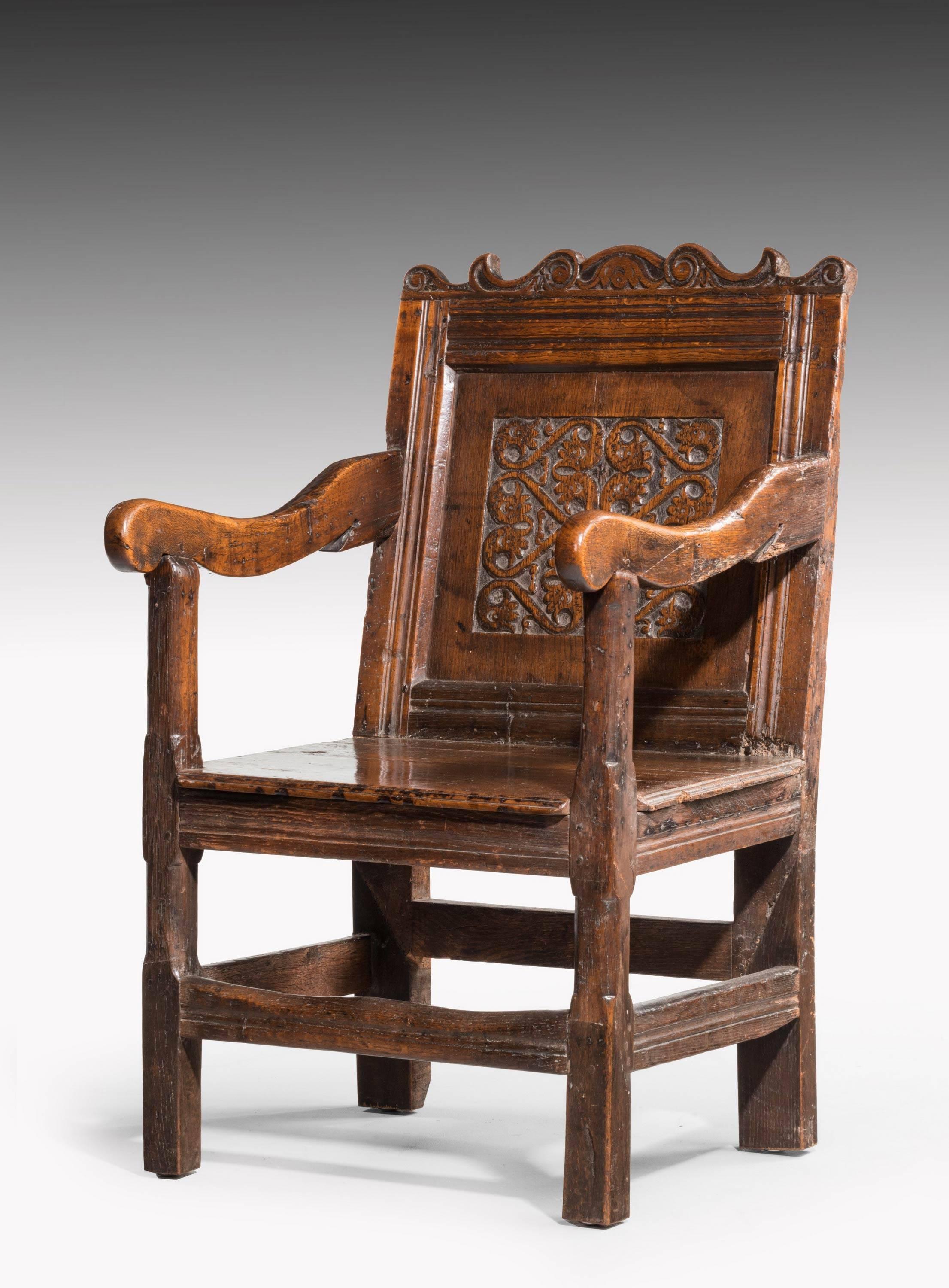 English Charles II Style Oak Panelled Armchair