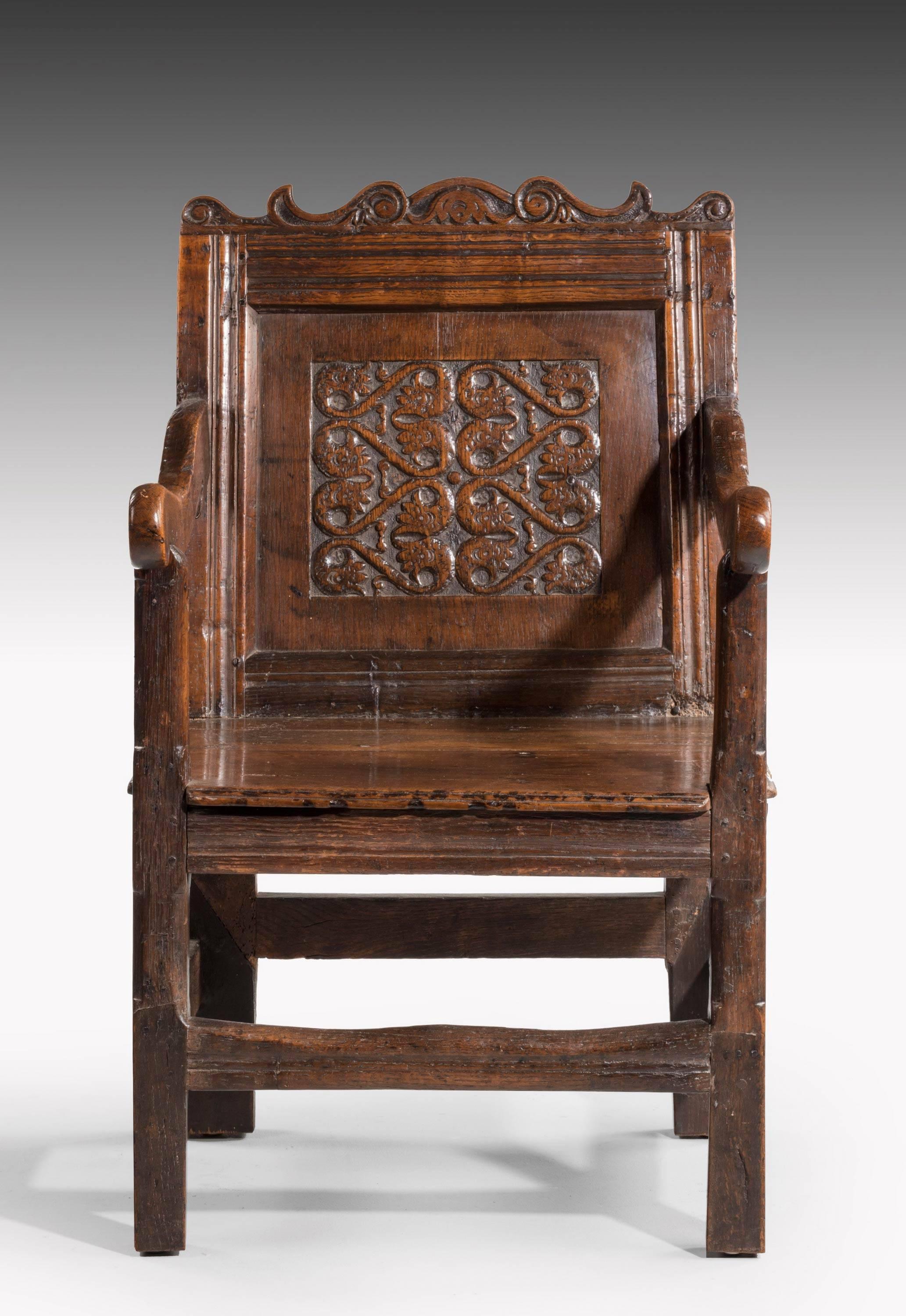 A carved oak panel back armchair in Charles II style. Incorporating some period elements and with a removable tapestry cushion. Excellent overall colour and patina. Reconstructed in the 19th century.

N

Measures: Seat height 20 inches.