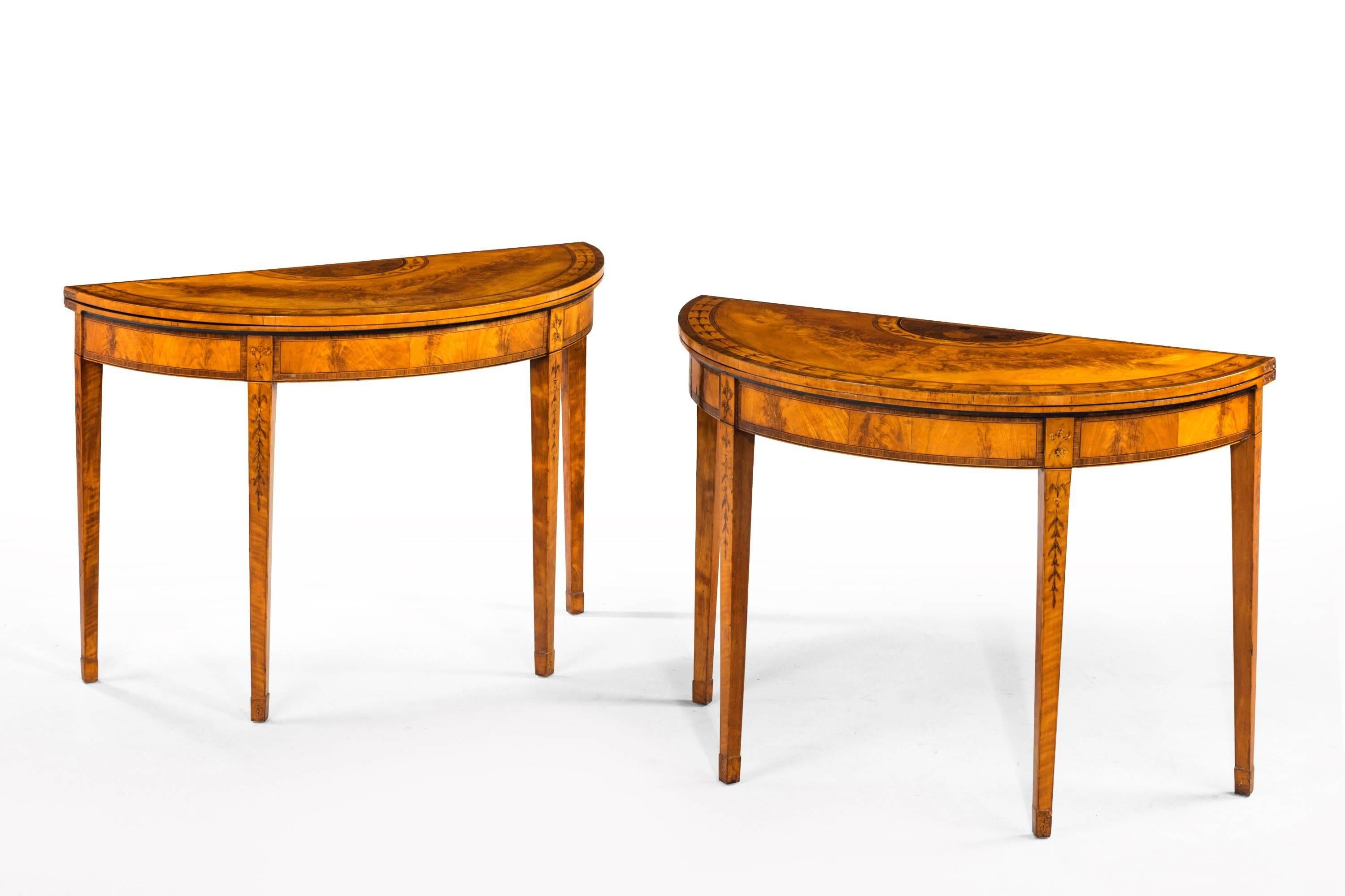 English Pair of George III Period Satinwood Card Tables with Harebell and Leaf Decoratio