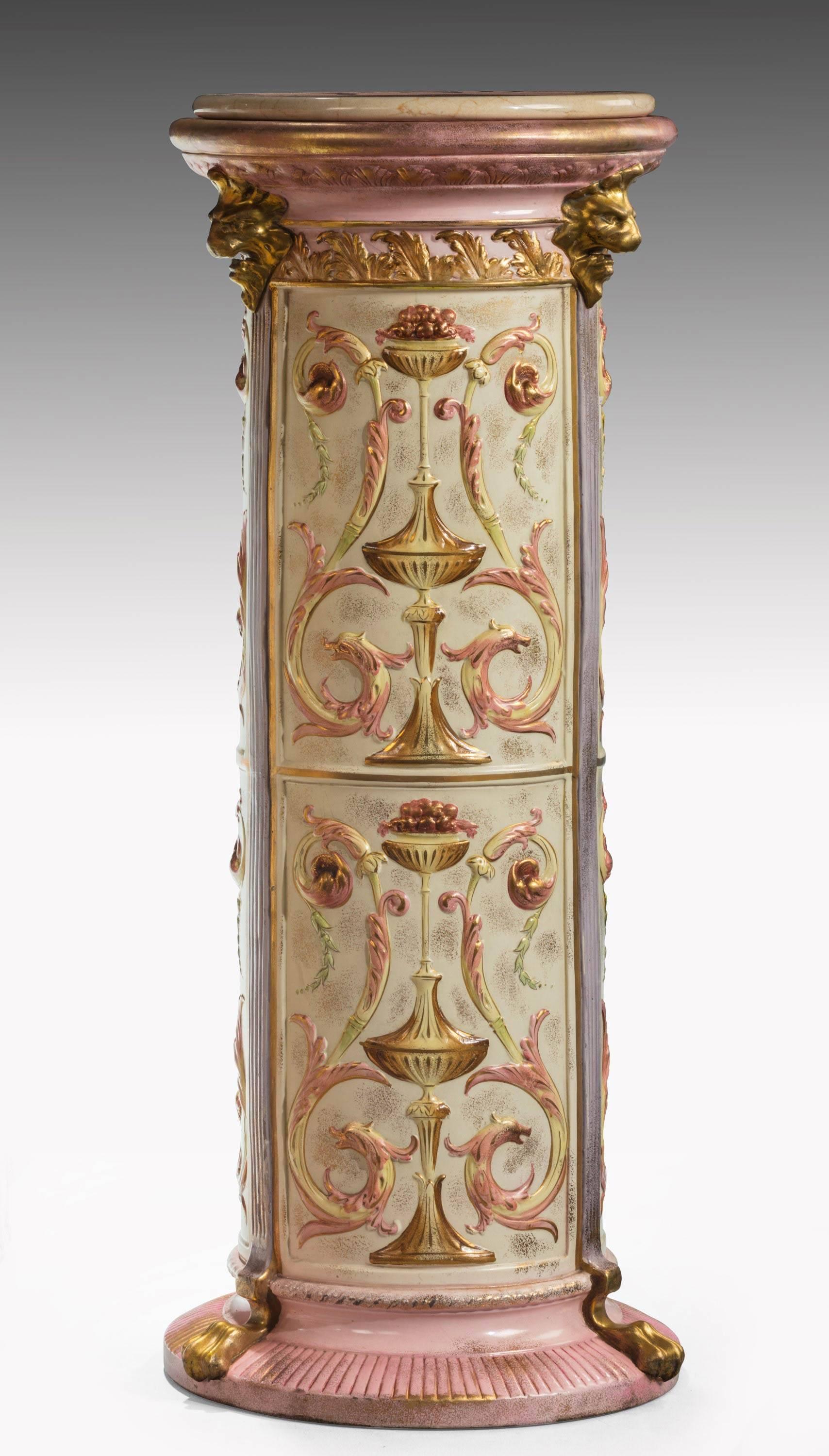 English Pair of 19th Century Pottery Columns with Scroll and Neoclassic Decoration