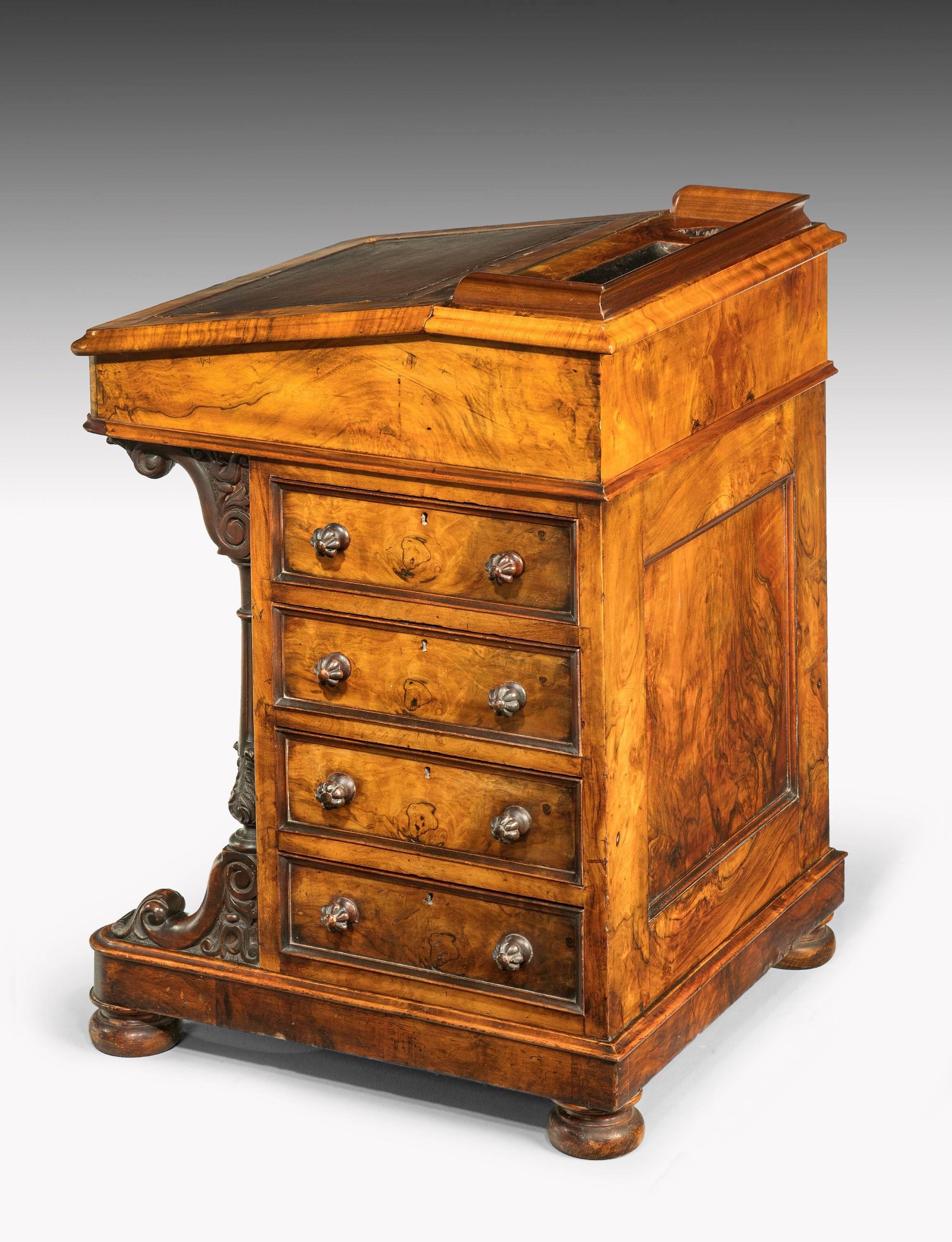 English Mid-19th Century Walnut Davenport Desk, the Interior of Satin Timber
