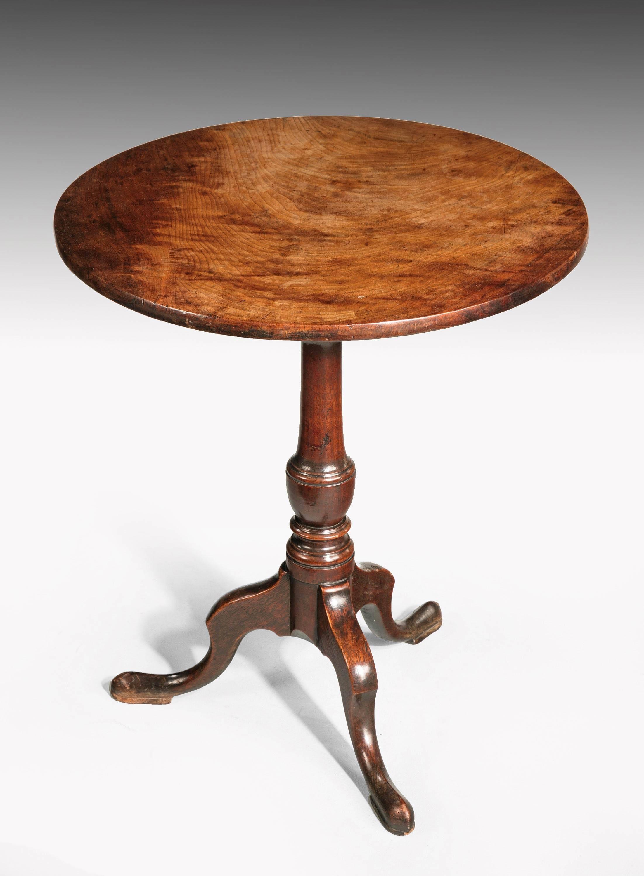 A good George III period mahogany tilt table on a turned central support over pad feet. Excellent colour and patina with original works to the underside.