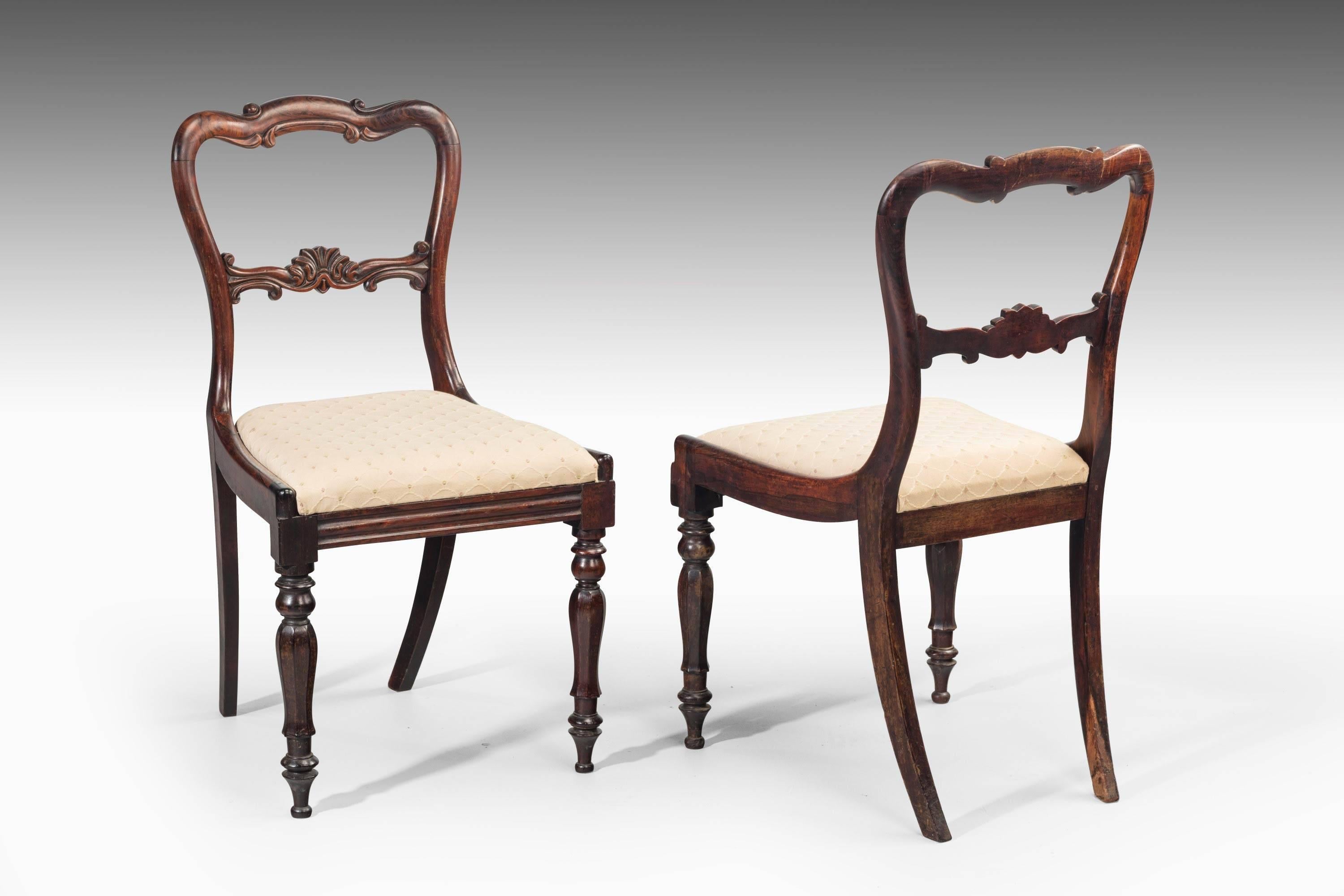 An attractive set of four early Victorian period single chairs with well-shaped and carved backs. Turned tapering supports.

Measure: Seat height is 17 inches.
