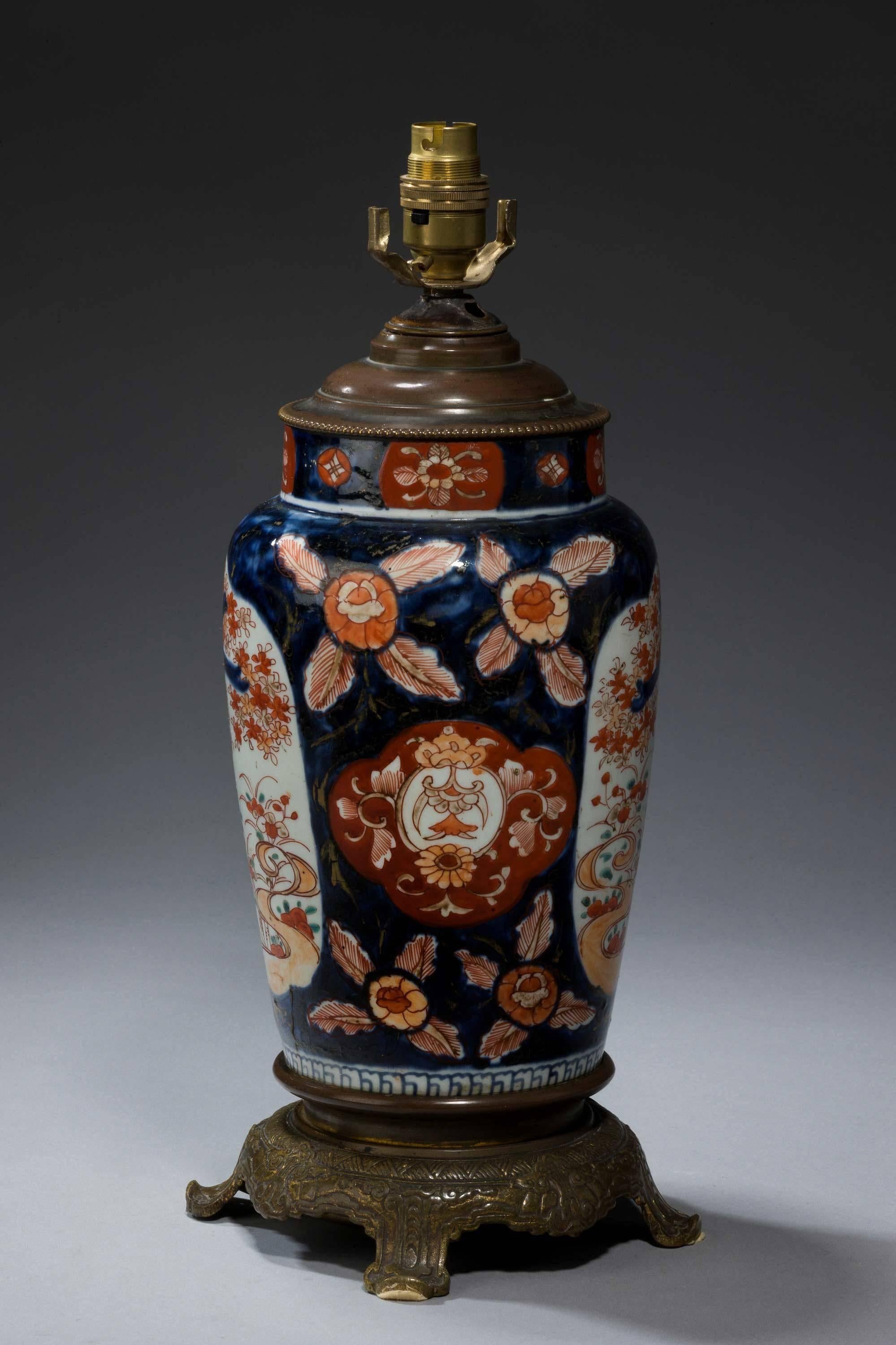 Japanese Imari ovoid porcelain vase lamp with original bronze mounts.

Imari began to be exported to Europe, because the Chinese kilns at Ching-te-Chen were damaged in the political chaos and the new Qing dynasty government stopped trade in
