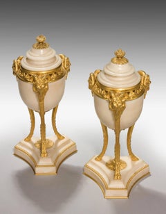 Pair of Early 20th Century French Gilt Bronze and Marble Lidded Vases