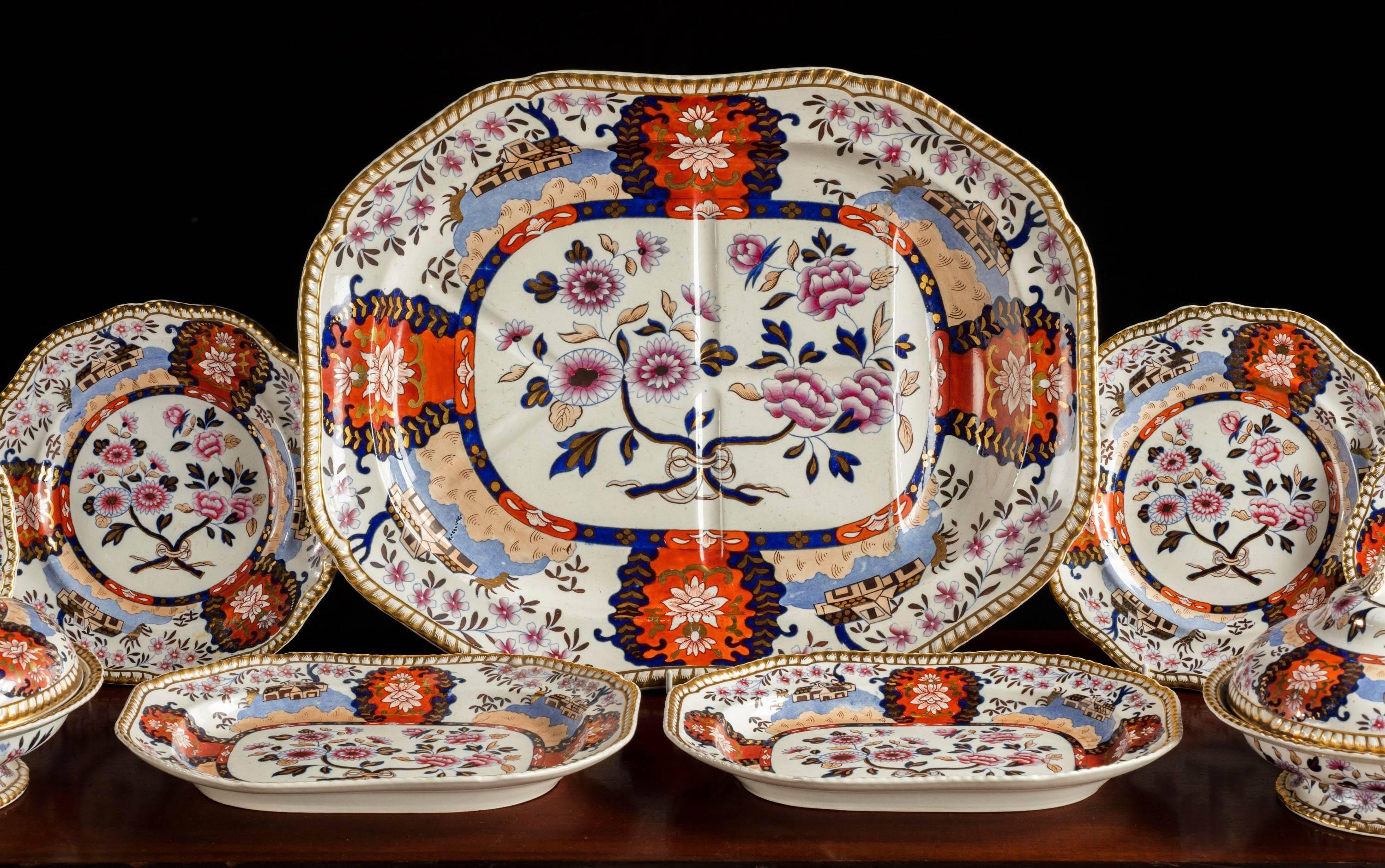 A 19th century 92-piece Spode Imperial service. This Spode Gadroon shape Imperial Service is painted in Japan Style #4176 with groups of chrysanthemums & peonies alternate with oriental house vignettes, circa 1823-1924.

To include
1) Five Dishes 
