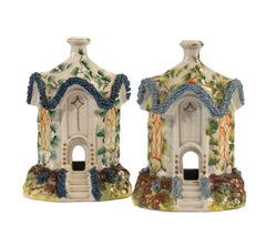 Antique Pair of Staffordshire Pottery Pastille Burner in the Form of Houses
