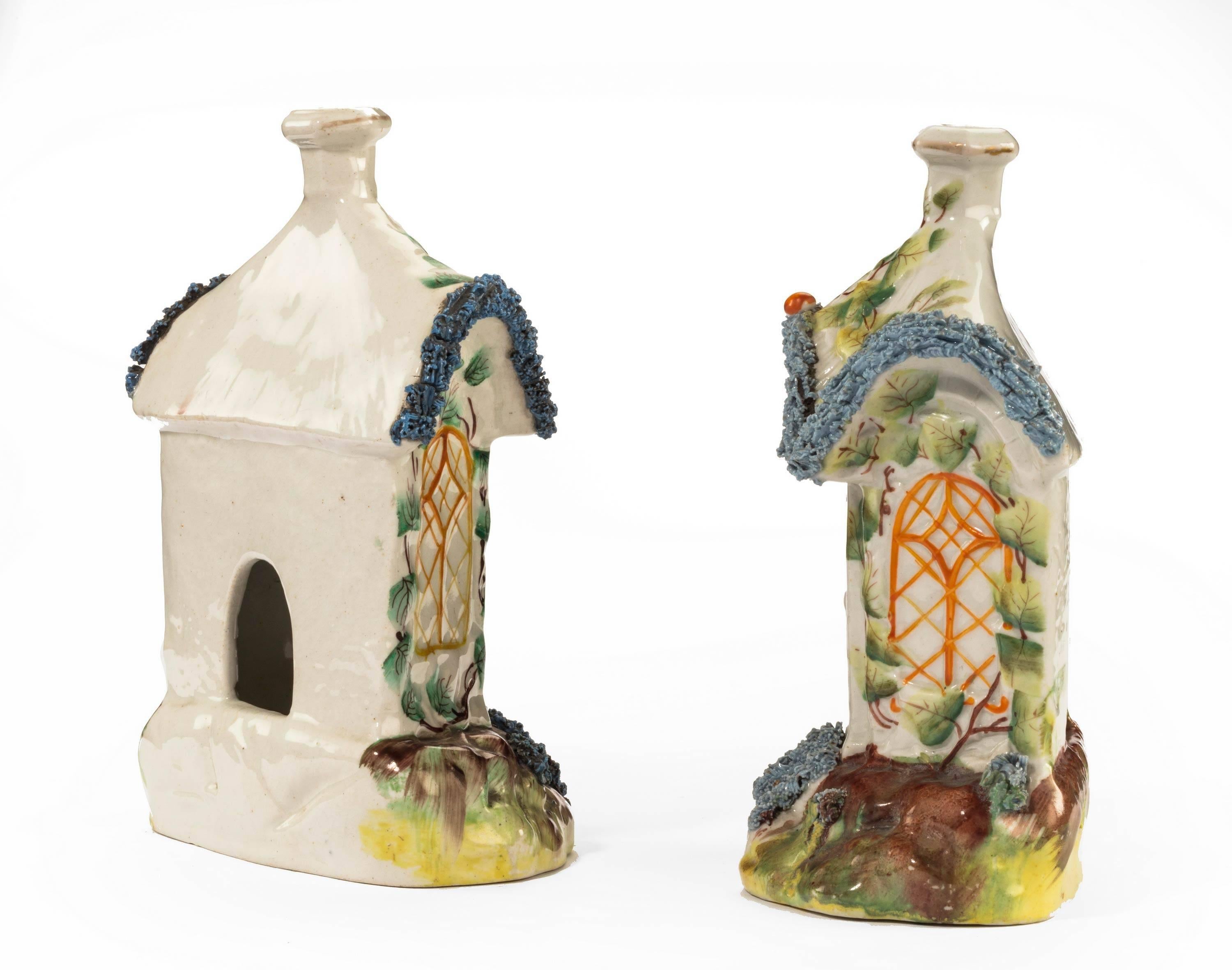 English Pair of Staffordshire Pottery Pastille Burner in the Form of Houses