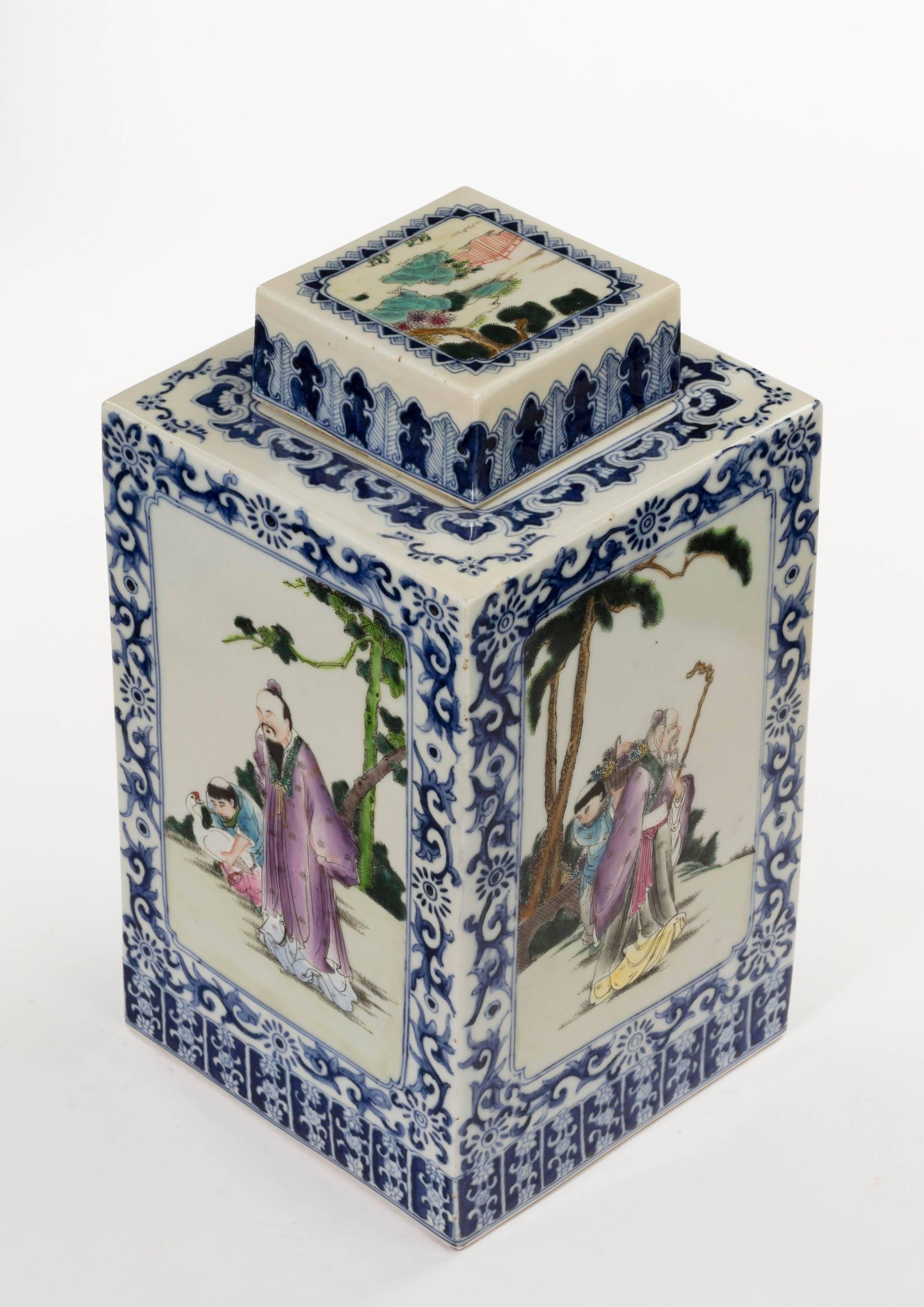 A massive mid-19th century Chinese porcelain vase and lid. Excellent overall condition. With figures to each side within a scroll frame work. six-character mark to base Xianfeng.