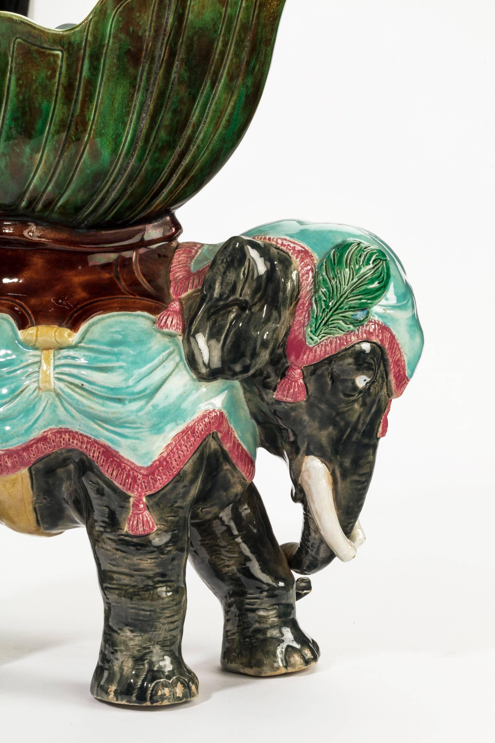 English Late 19th Century Majolica Pottery Elephant Caparisoned with Jardinière