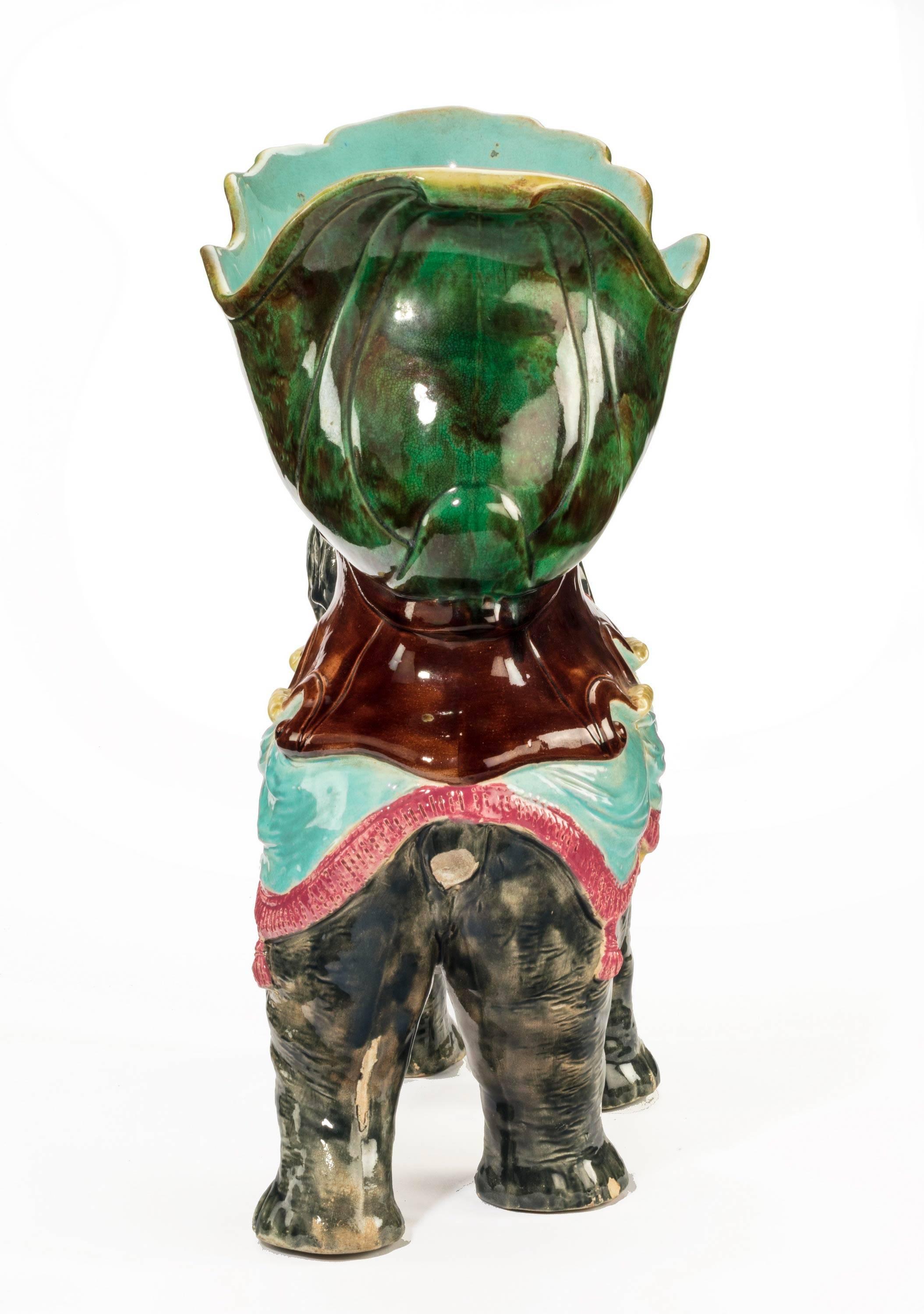 Late 19th Century Majolica Pottery Elephant Caparisoned with Jardinière In Excellent Condition In Peterborough, Northamptonshire