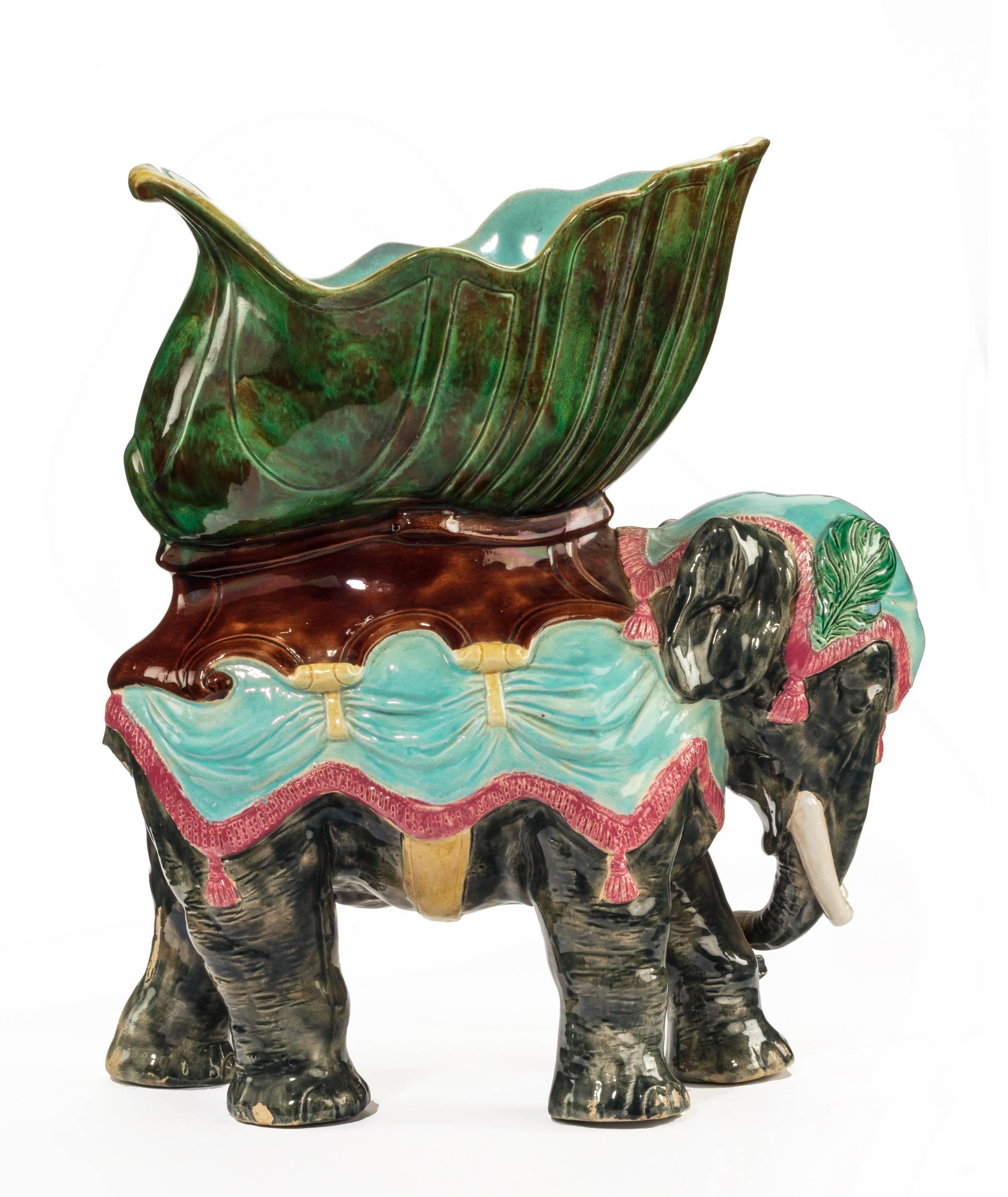 Late 19th Century Majolica Pottery Elephant Caparisoned with Jardinière 1