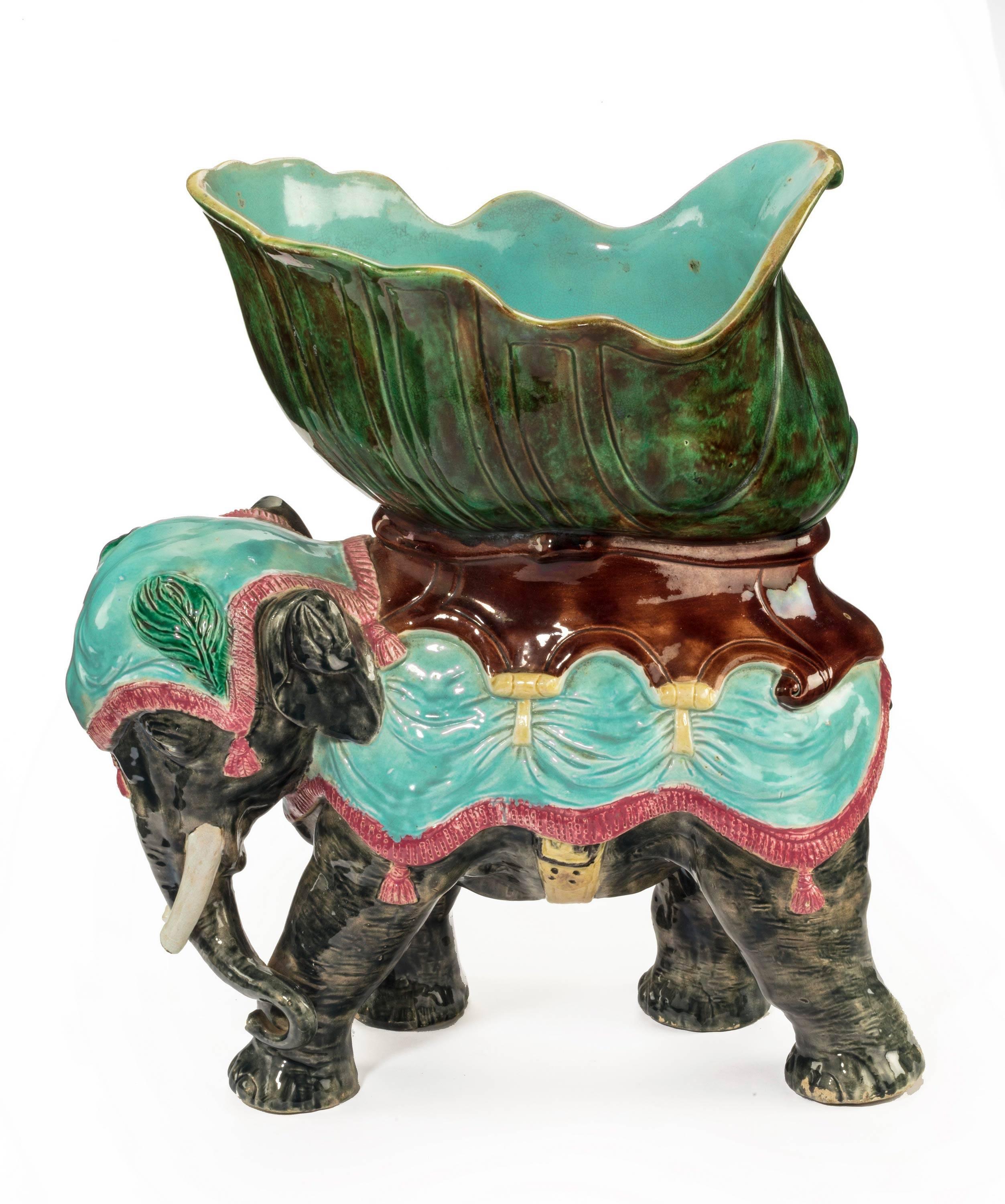 Late 19th Century Majolica Pottery Elephant Caparisoned with Jardinière 3