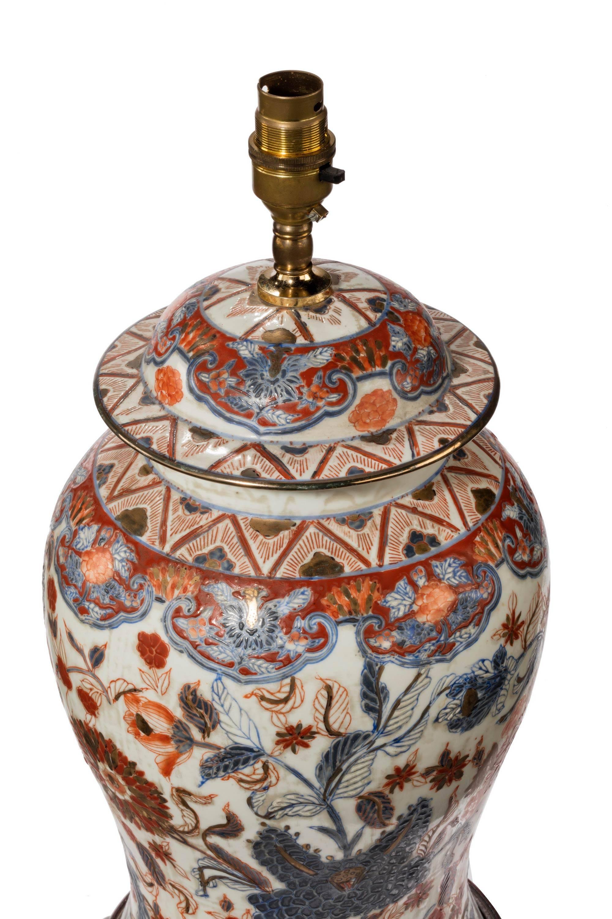 Chinese Mid-20th Century Porcelain Lidded Vase Lamp in the Imari Palette