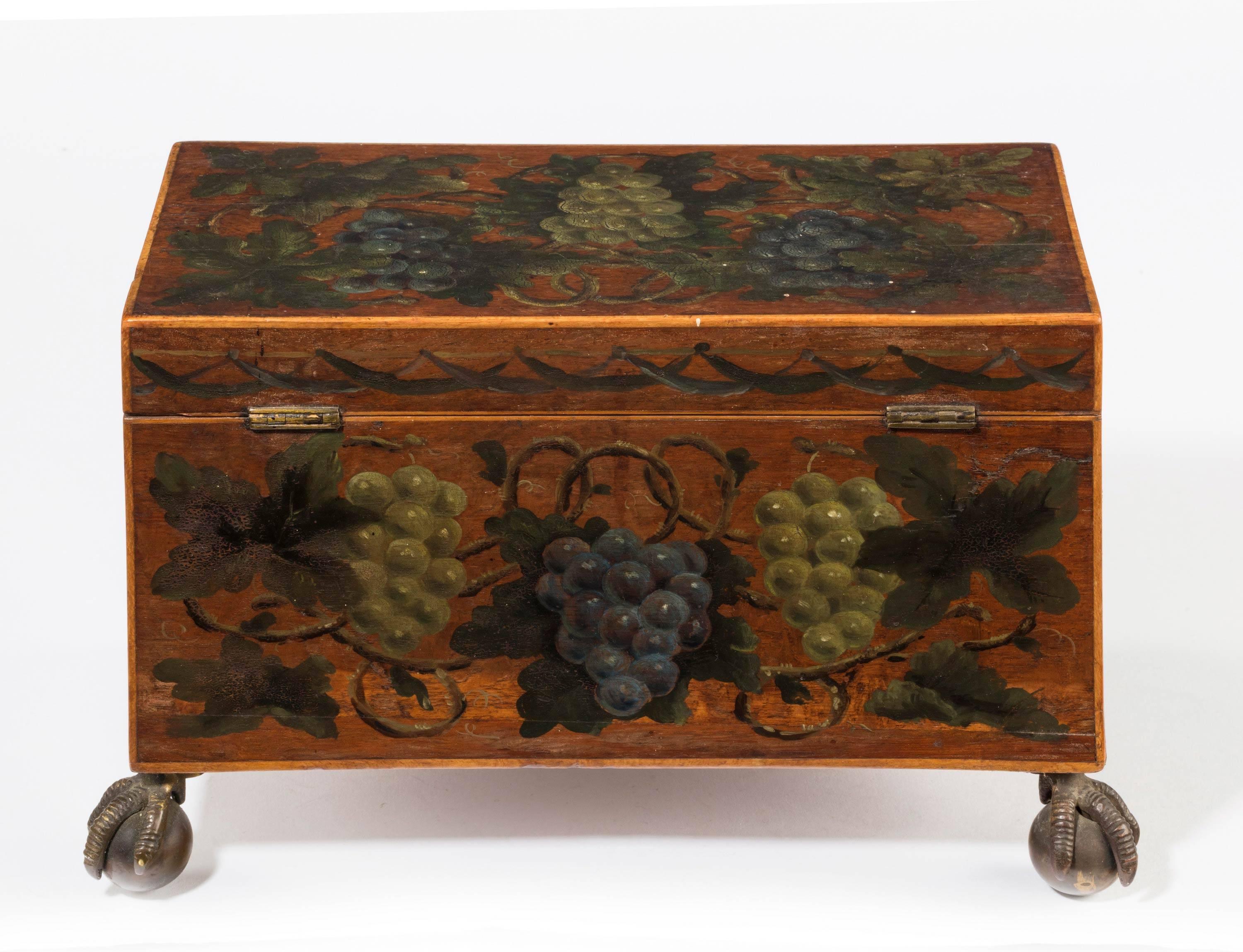 George III period mahogany box on original cast claw and ball bronze feet. All sides beautifully painted with grapes and foliage. Quite amazing original condition.