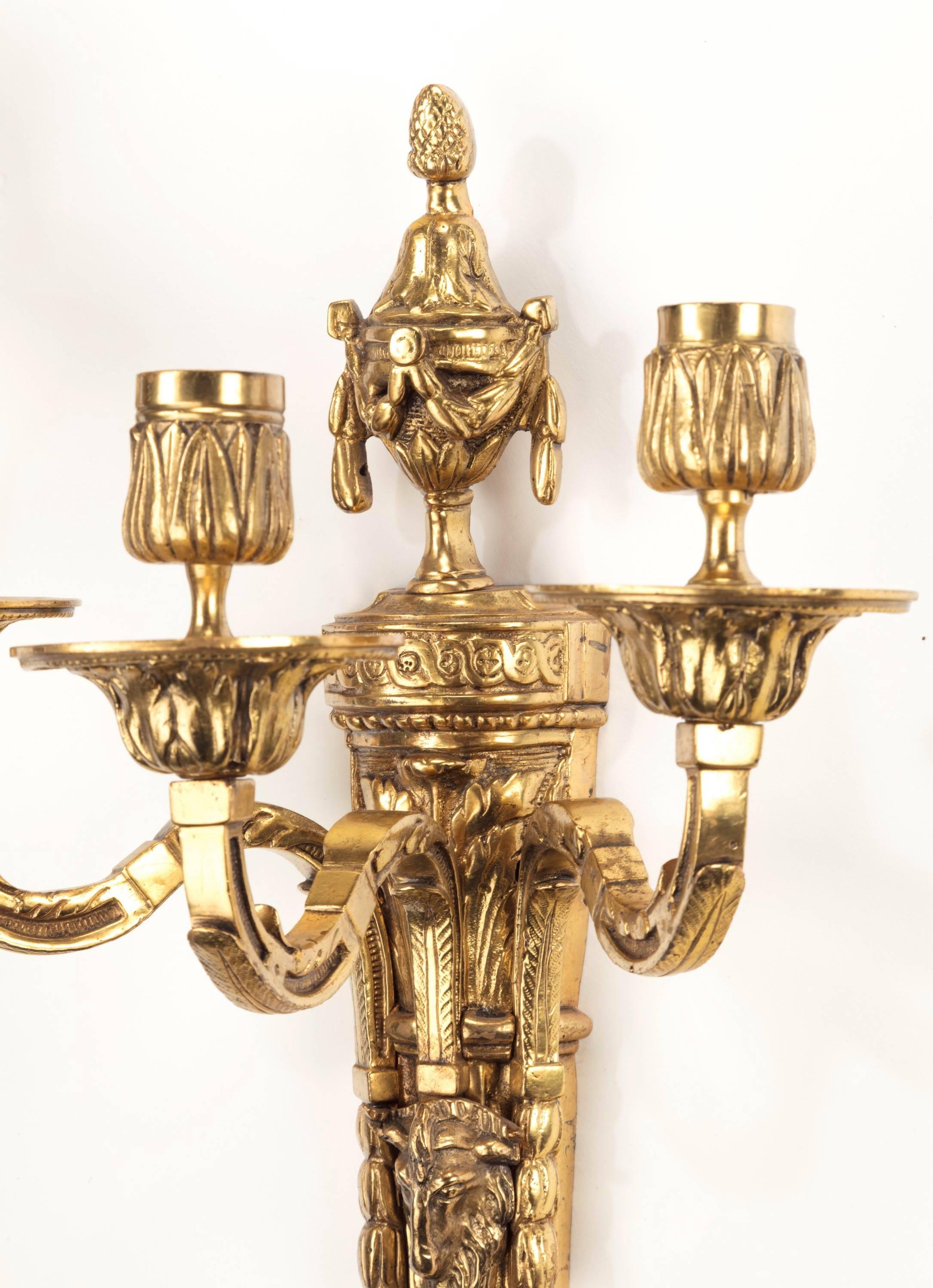 Pair of Early 20th Century Gilt Bronze Three-Arm Wall Lights In Excellent Condition In Peterborough, Northamptonshire