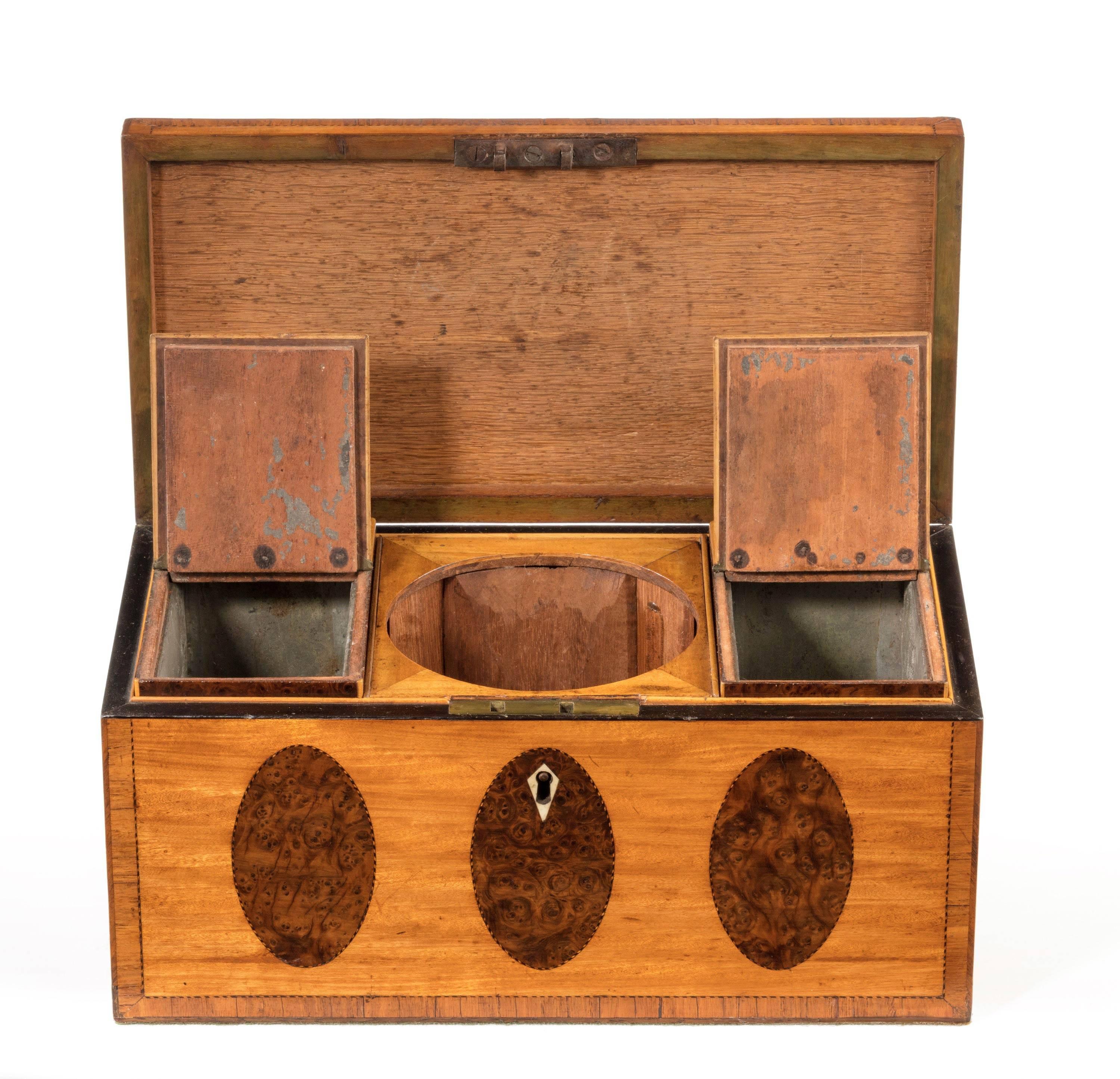 George III Period Satinwood and Burr Yew Tea Caddy In Excellent Condition For Sale In Peterborough, Northamptonshire