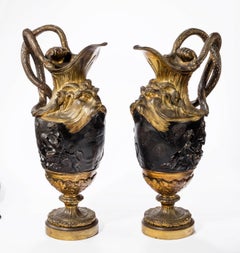 Pair of Late 18th Century, Bronze and Gilt Bronze Ewers in the Manner of Clodion