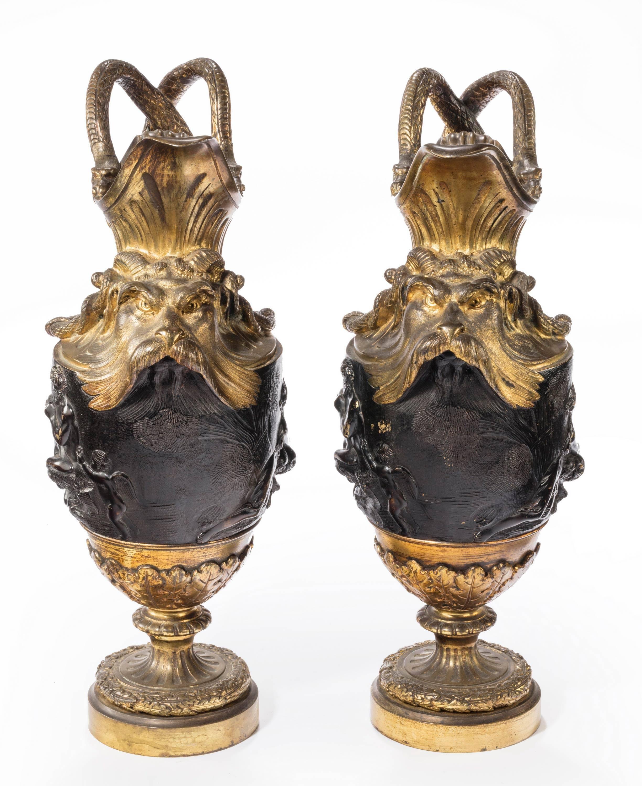 Pair of Late 18th Century, Bronze and Gilt Bronze Ewers in the Manner of Clodion 2