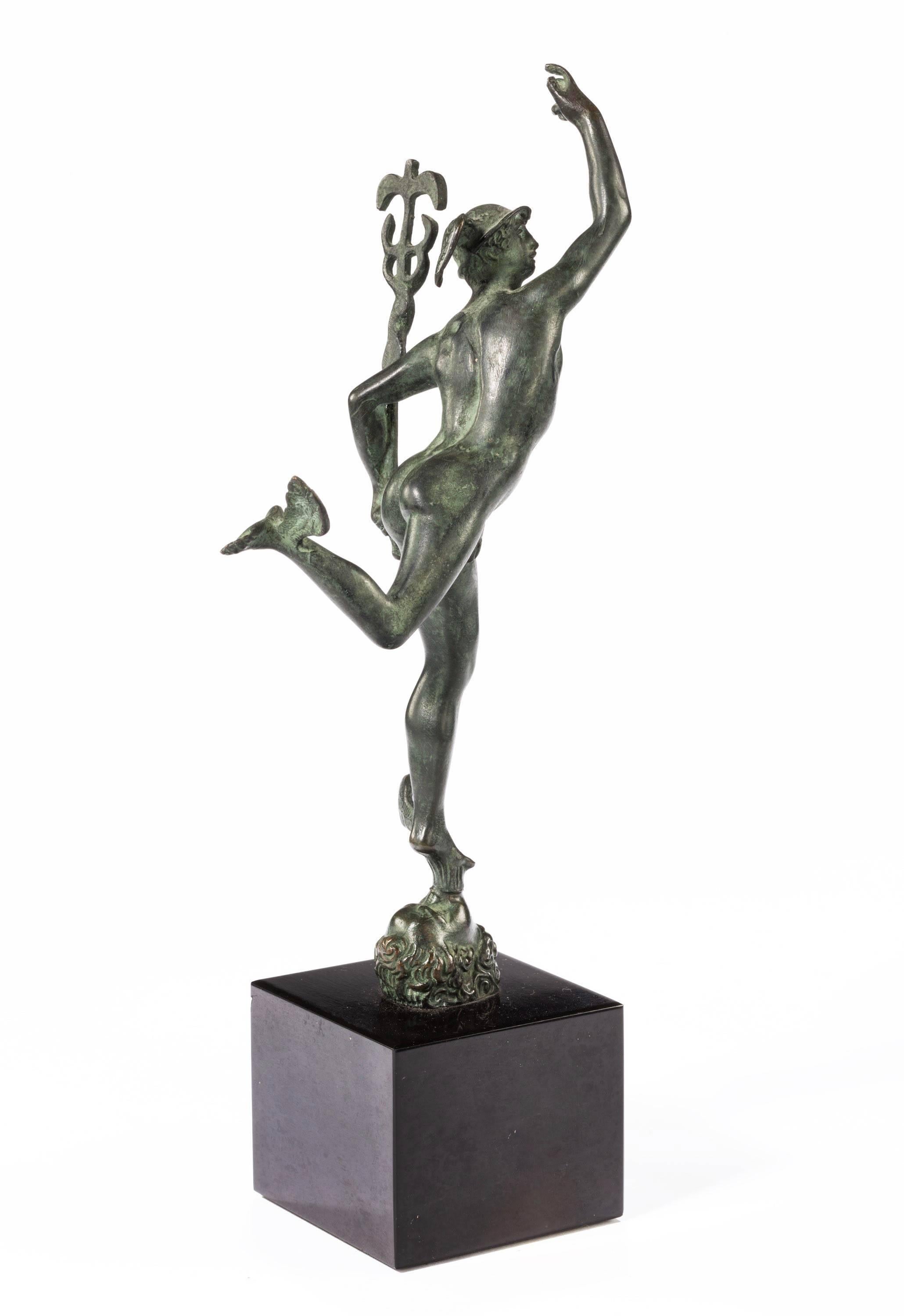 English Early 19th Century Dark Green Patinated Bronze Grand Tour Figure of Mercury