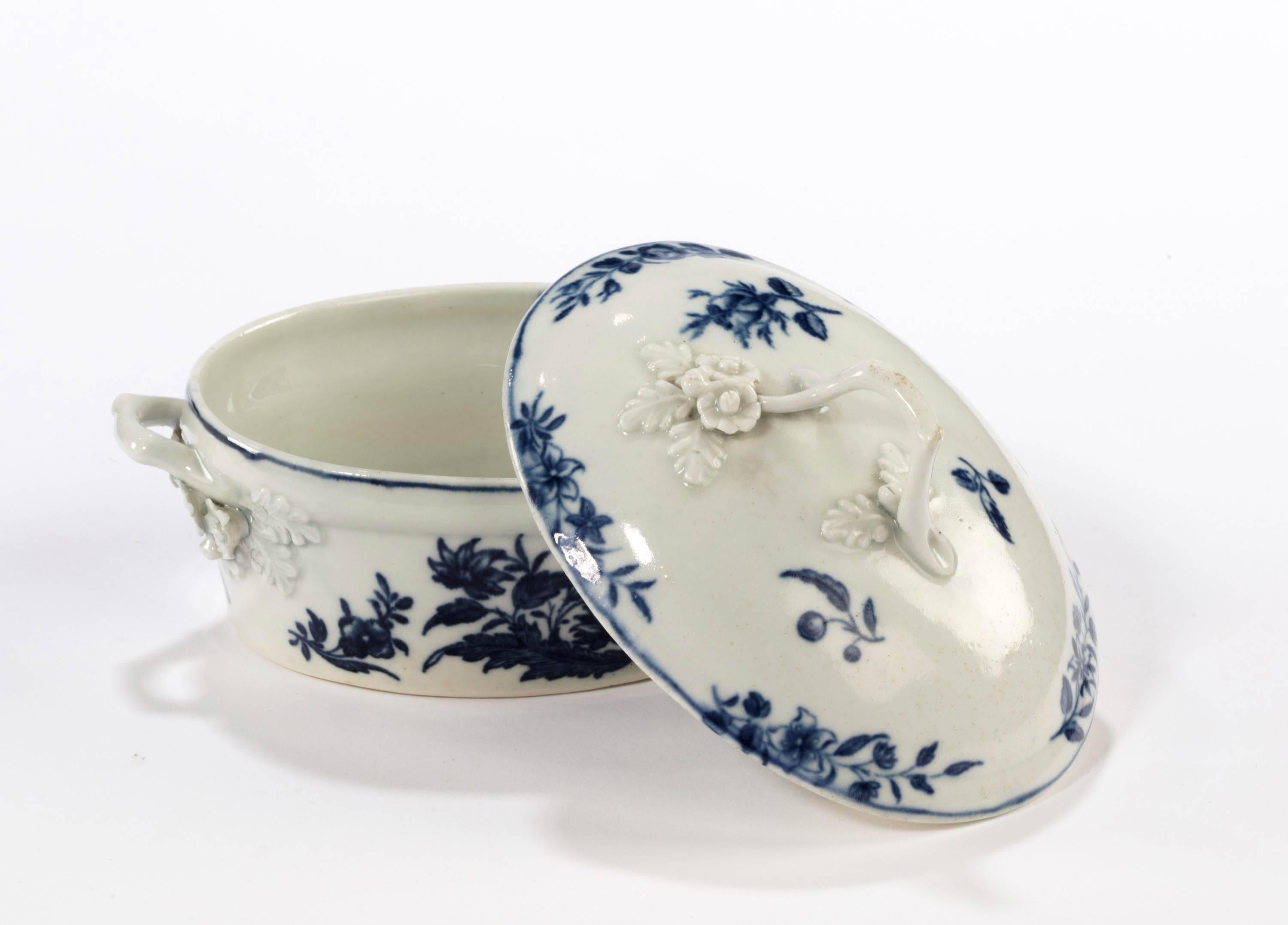 A good first period Worcester blue and white printed oval butter tub cover and stand. Printed with the rose centered spray group pattern. The stand 1775. Ex private collection. 

The dish measures:

Height 1 inch
Width 7.25 inches
Depth 5.25