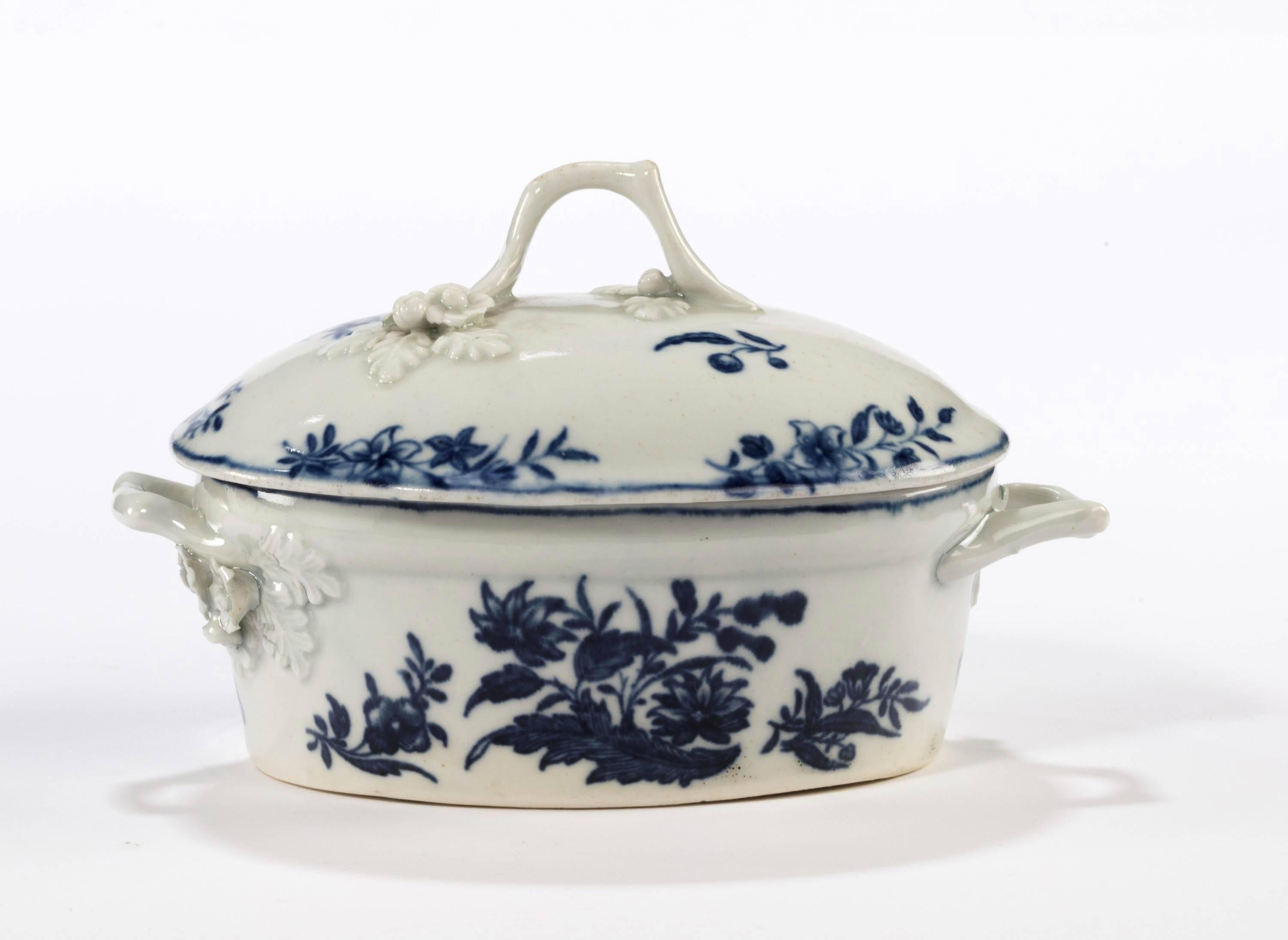 English Late 18th Century, Worcester Blue and White Printed Oval Butter Tub